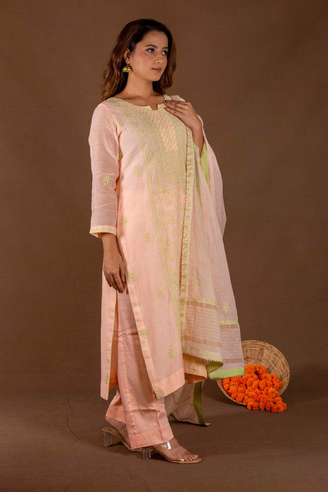 Urviya Chikankari Mul chanderi Peach Green Thread Panel Suit