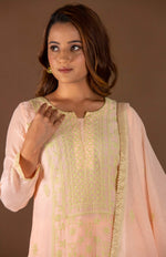 Urviya Chikankari Mul chanderi Peach Green Thread Panel Suit