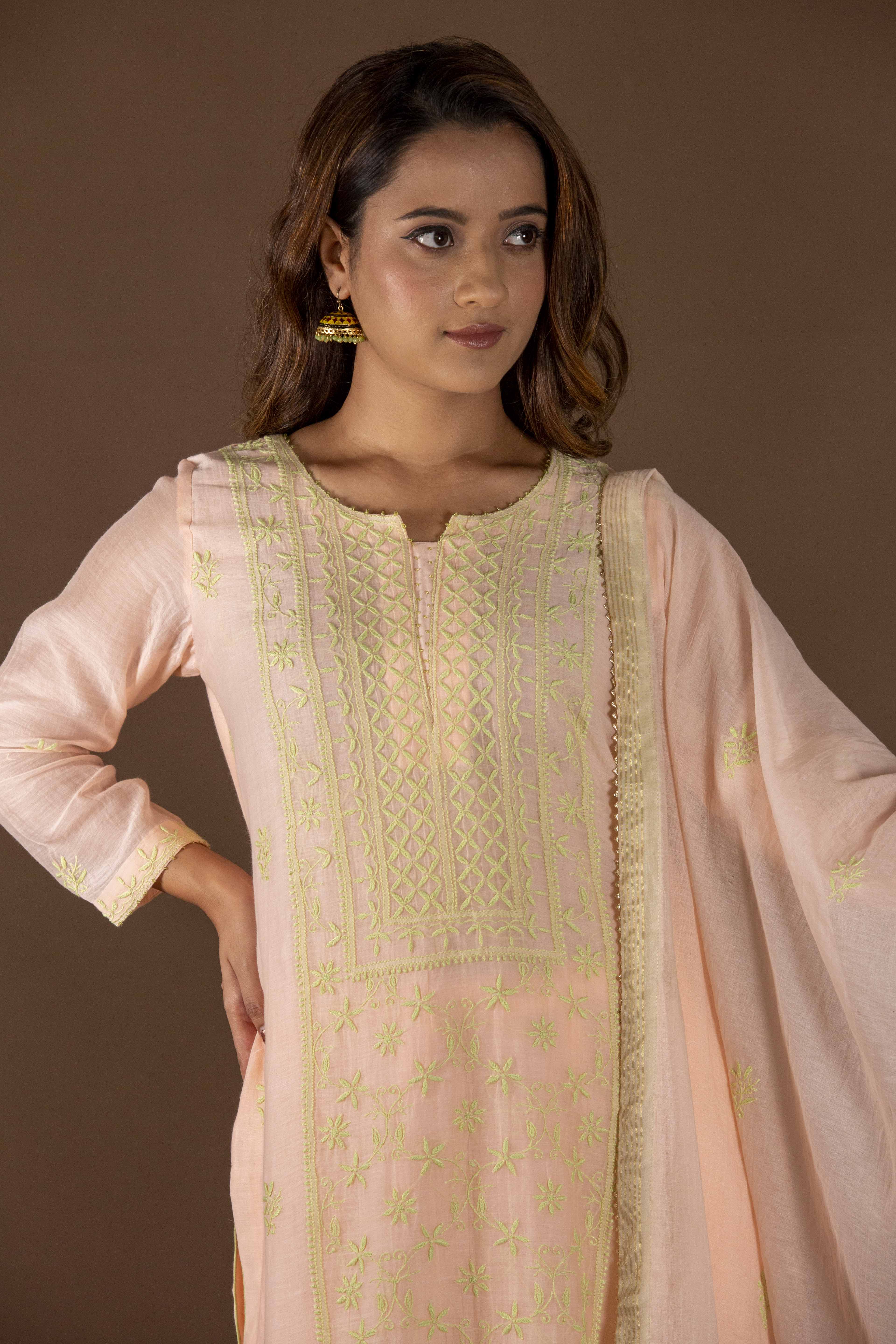 Urviya Chikankari Mul chanderi Peach Green Thread Panel Suit
