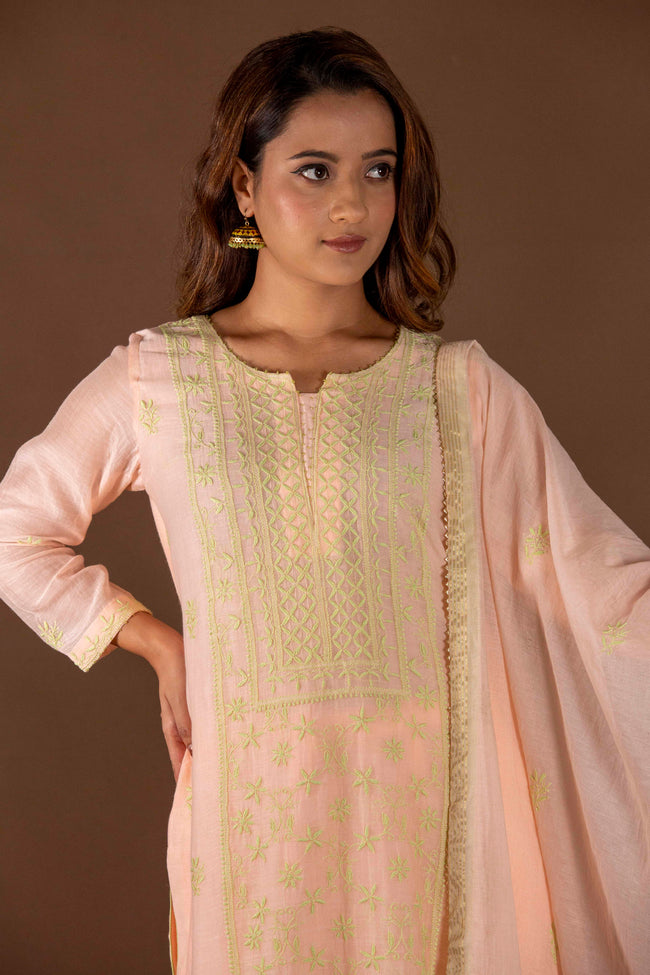 Urviya Chikankari Mul chanderi Peach Green Thread Panel Suit