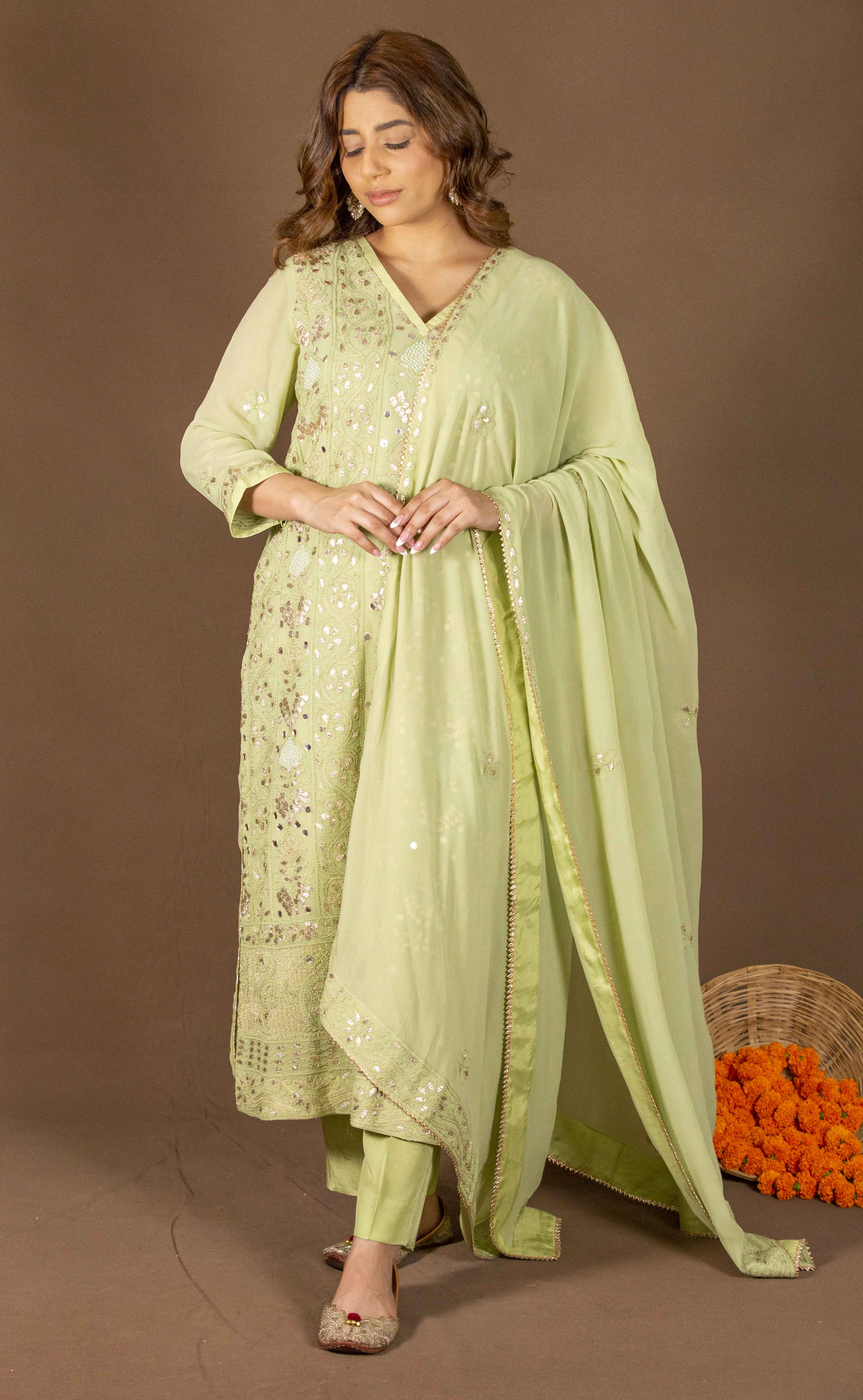 Urviya Chikankari Viscose Georgette Green Gotta Patti Bakhiya Zari Work Suit