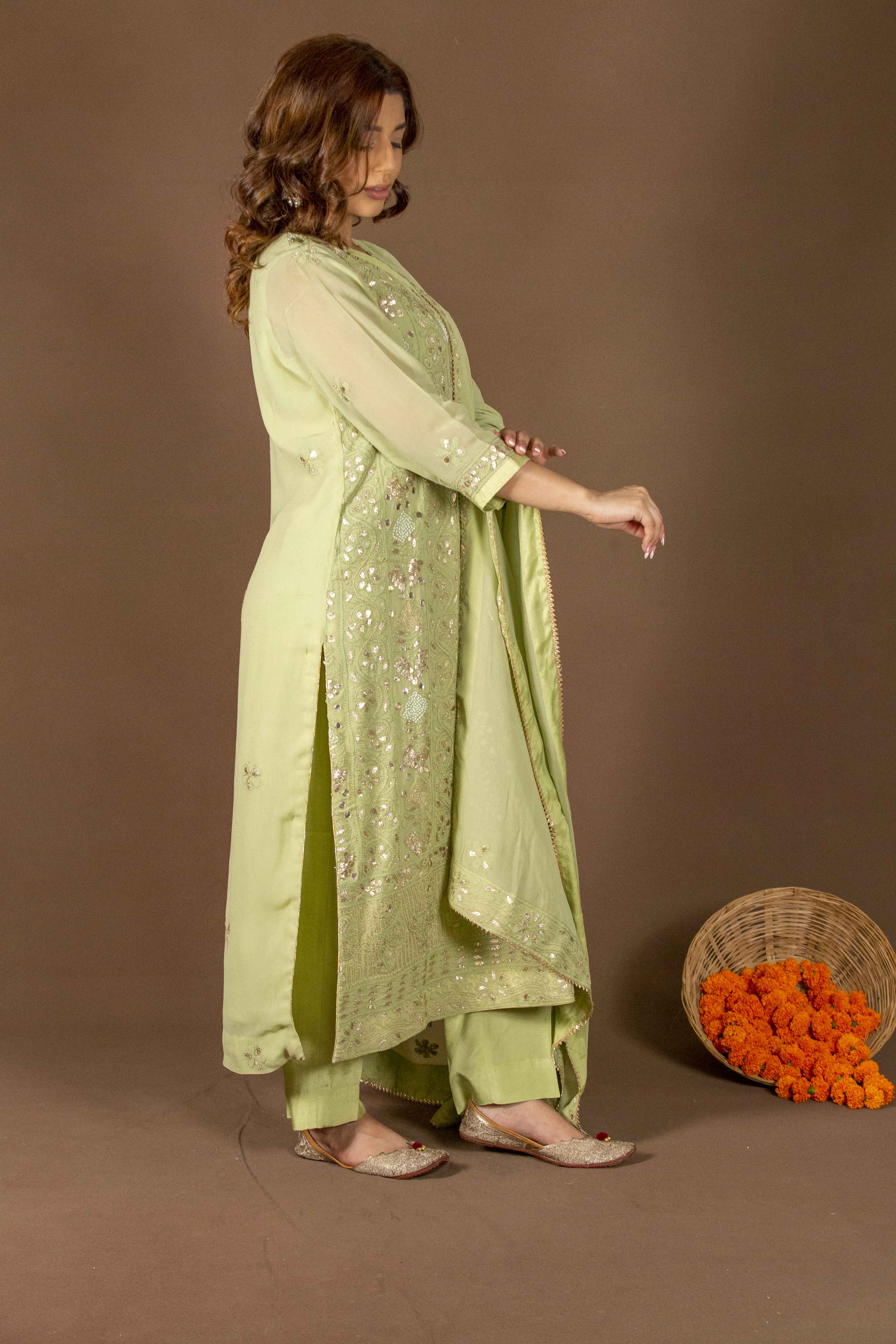 Urviya Chikankari Viscose Georgette Green Gotta Patti Bakhiya Zari Work Suit