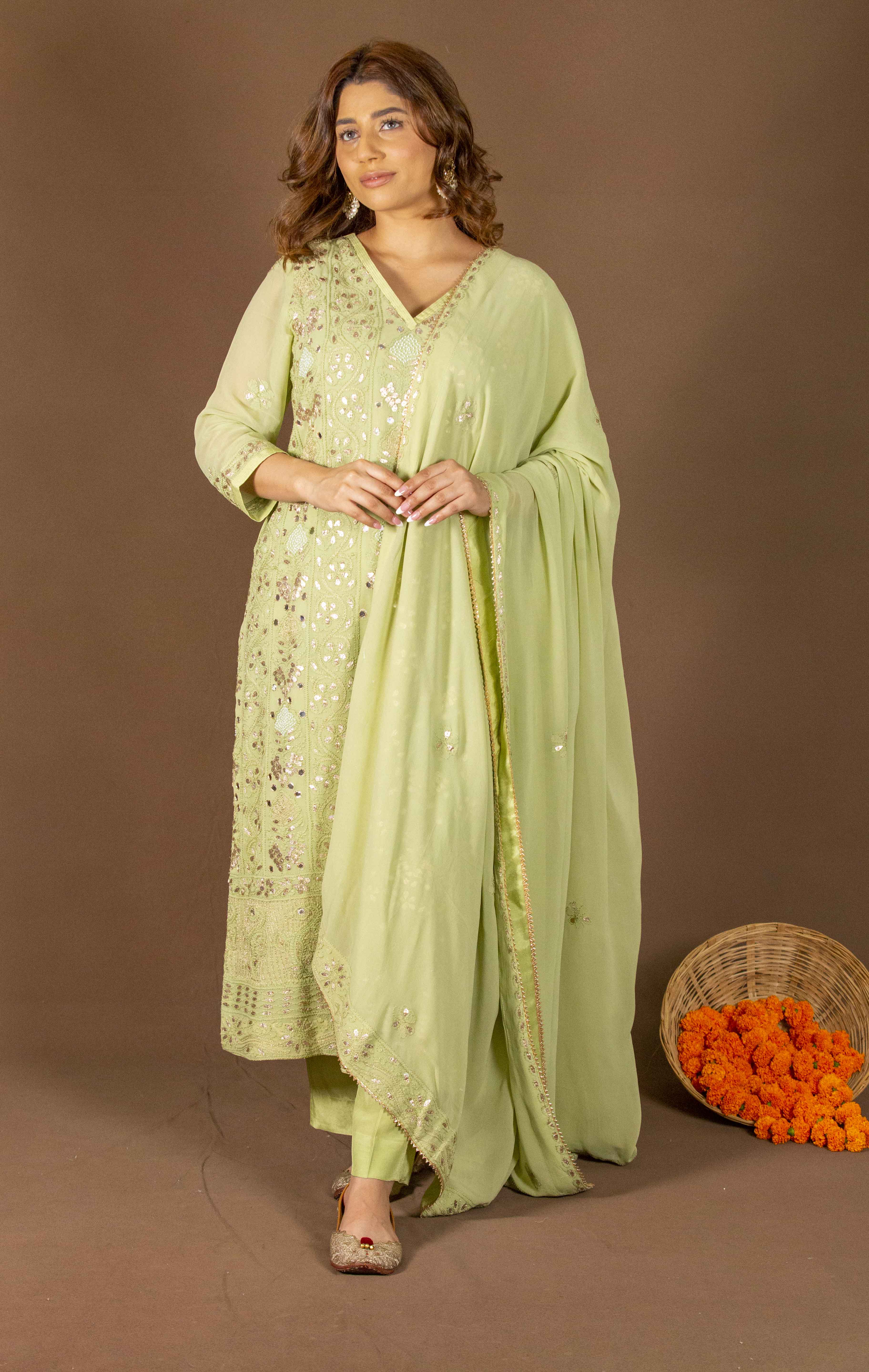 Urviya Chikankari Viscose Georgette Green Gotta Patti Bakhiya Zari Work Suit