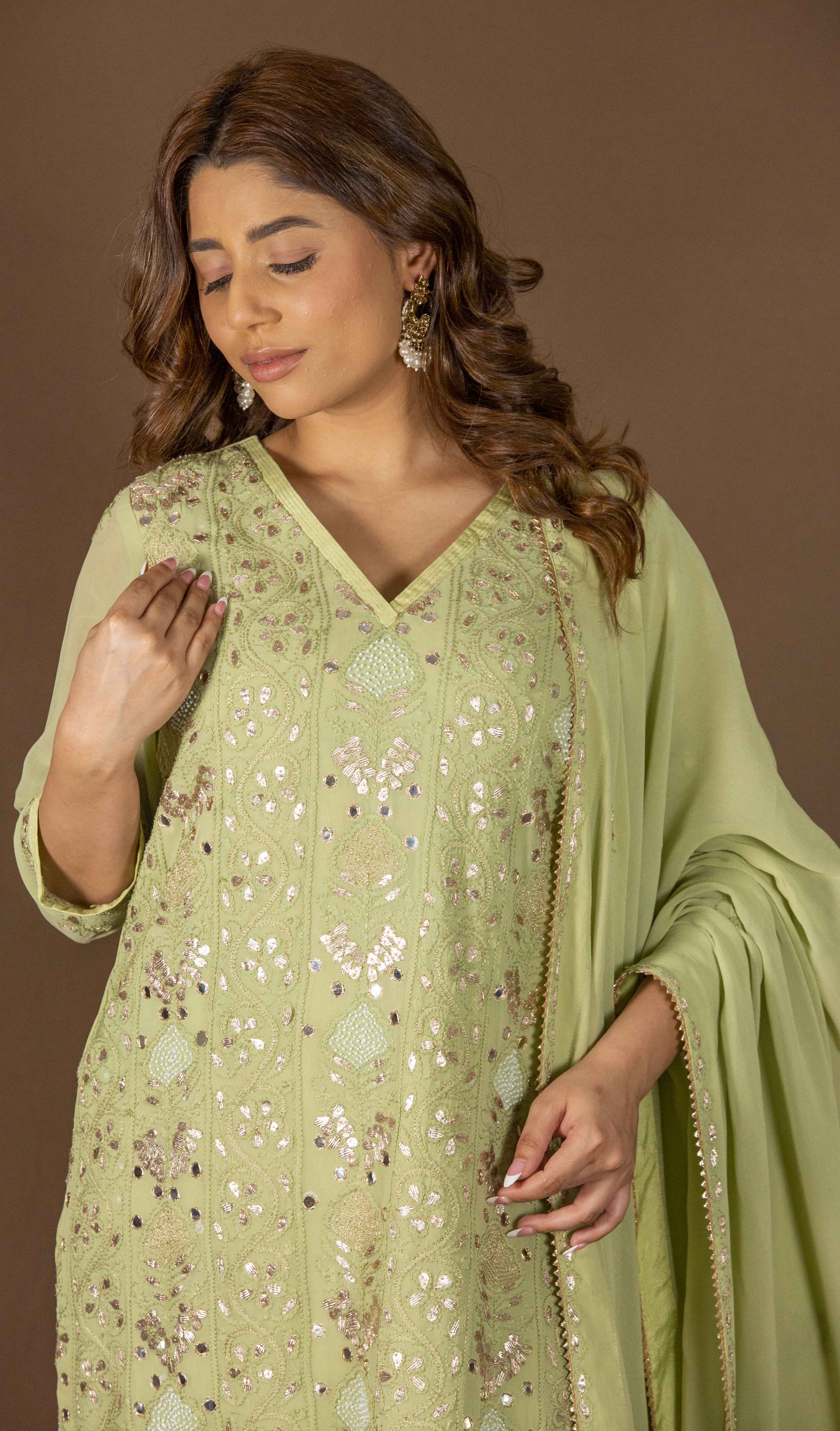 Urviya Chikankari Viscose Georgette Green Gotta Patti Bakhiya Zari Work Suit