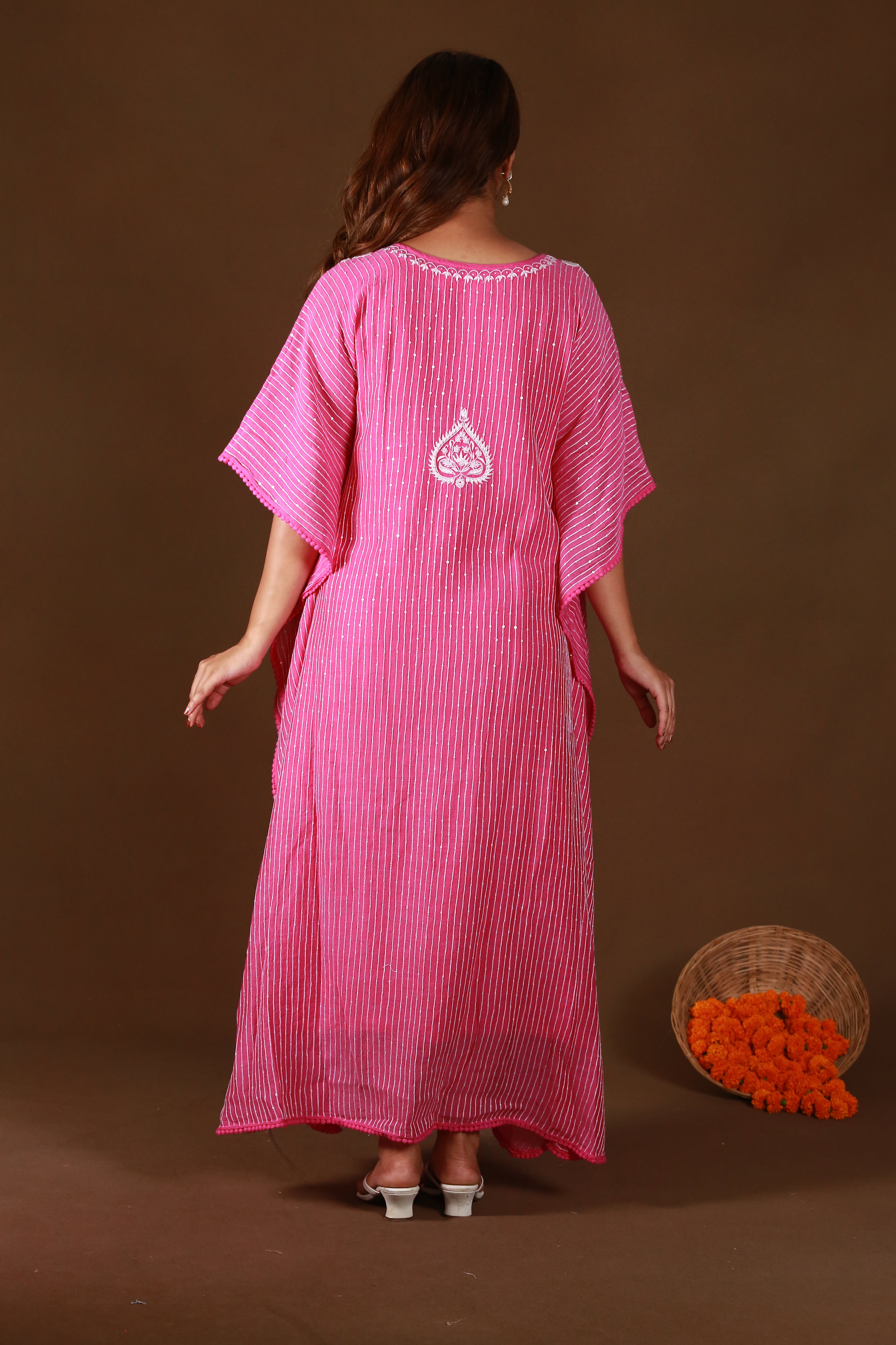 Urviya Chikankari Maheshwari Cotton Pink Pearl Work Cutdaana Sequence Kaftaan