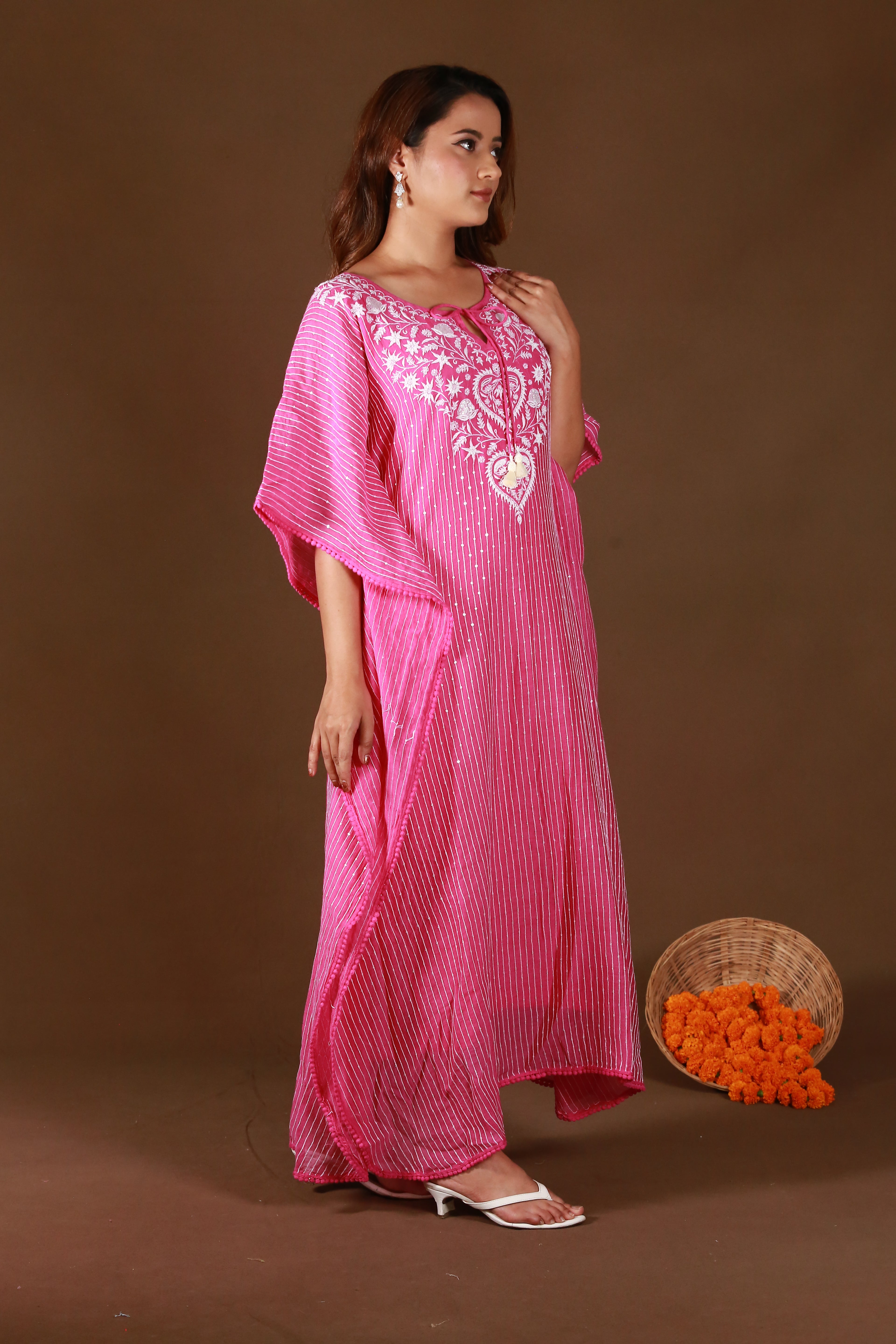 Urviya Chikankari Maheshwari Cotton Pink Pearl Work Cutdaana Sequence Kaftaan