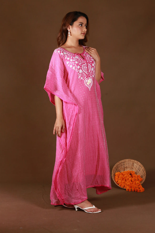 Urviya Chikankari Maheshwari Cotton Pink Pearl Work Cutdaana Sequence Kaftaan