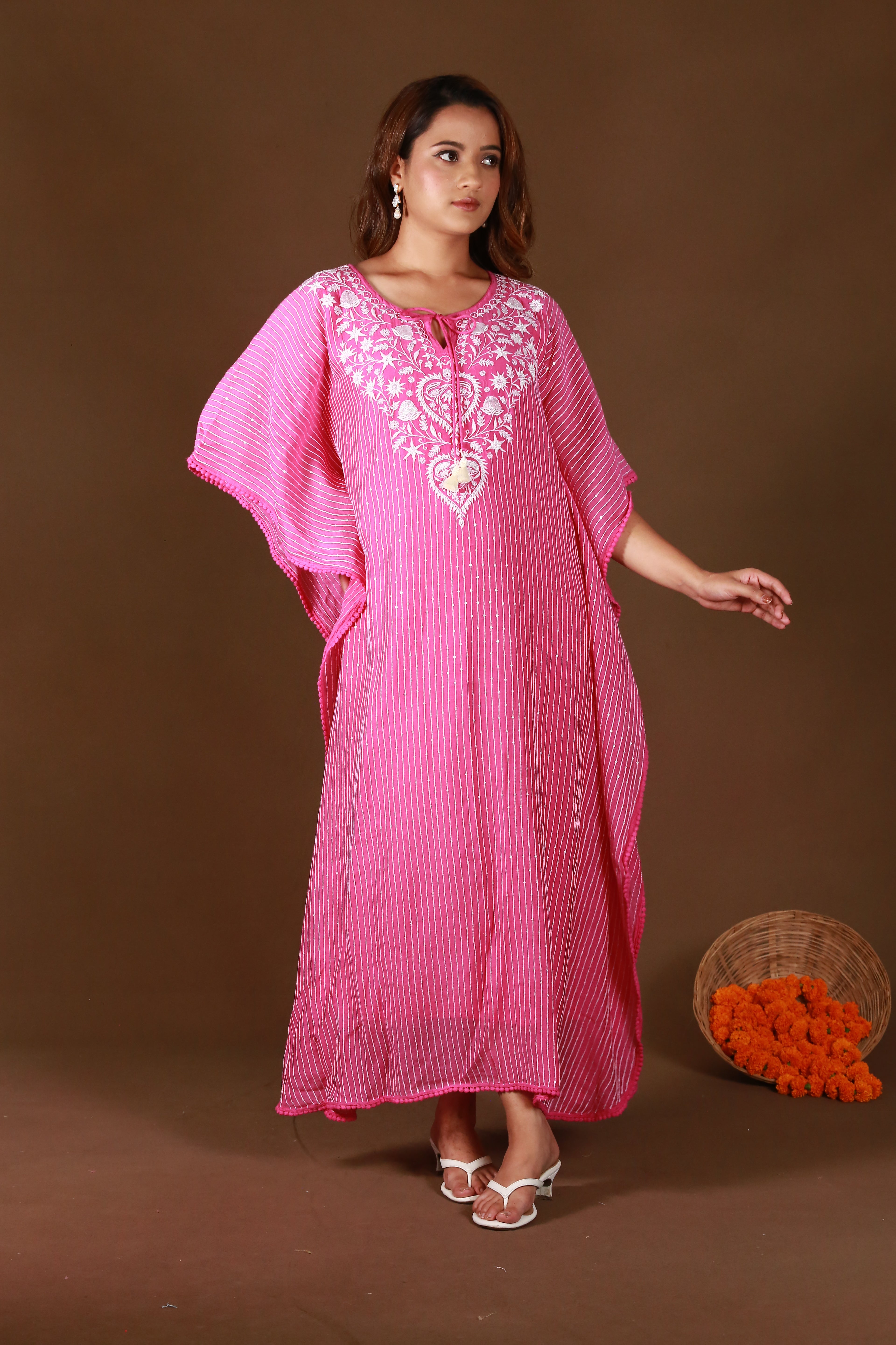 Urviya Chikankari Maheshwari Cotton Pink Pearl Work Cutdaana Sequence Kaftaan