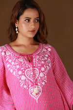 Urviya Chikankari Maheshwari Cotton Pink Pearl Work Cutdaana Sequence Kaftaan