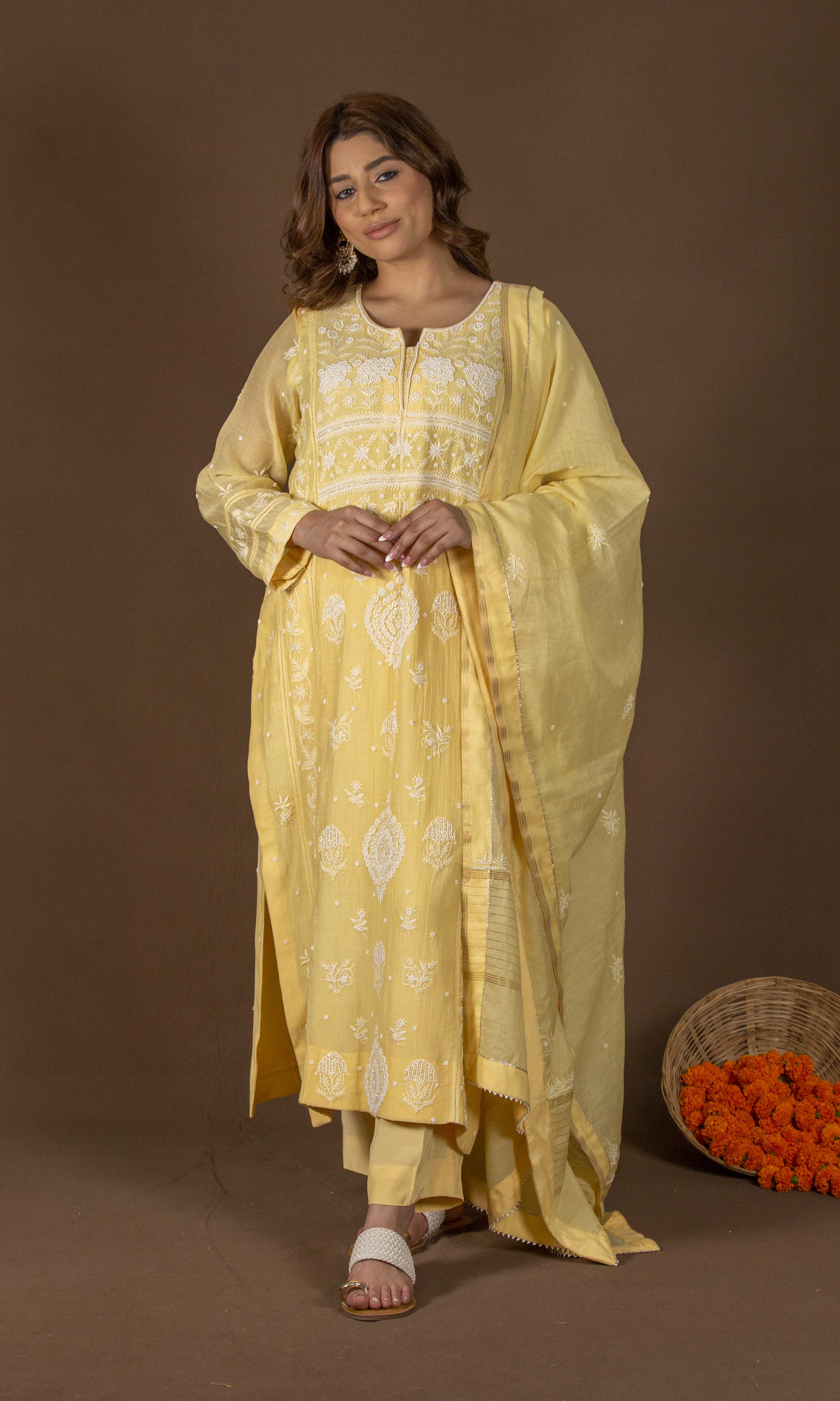 Urviya Chikankari Mul Chanderi Yellow Cutdaana Pearl Work Panel Boota Suit