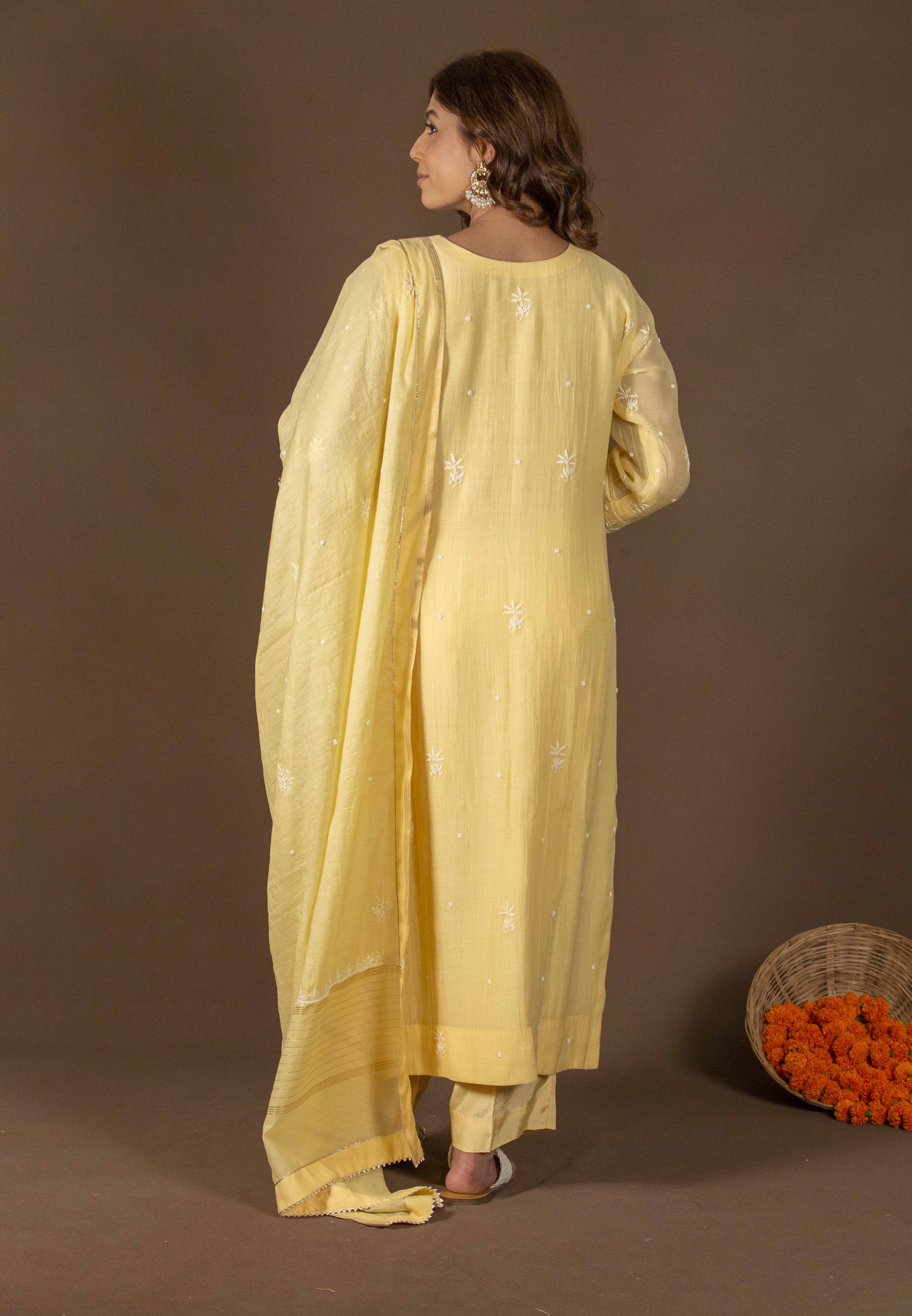 Urviya Chikankari Mul Chanderi Yellow Cutdaana Pearl Work Panel Boota Suit