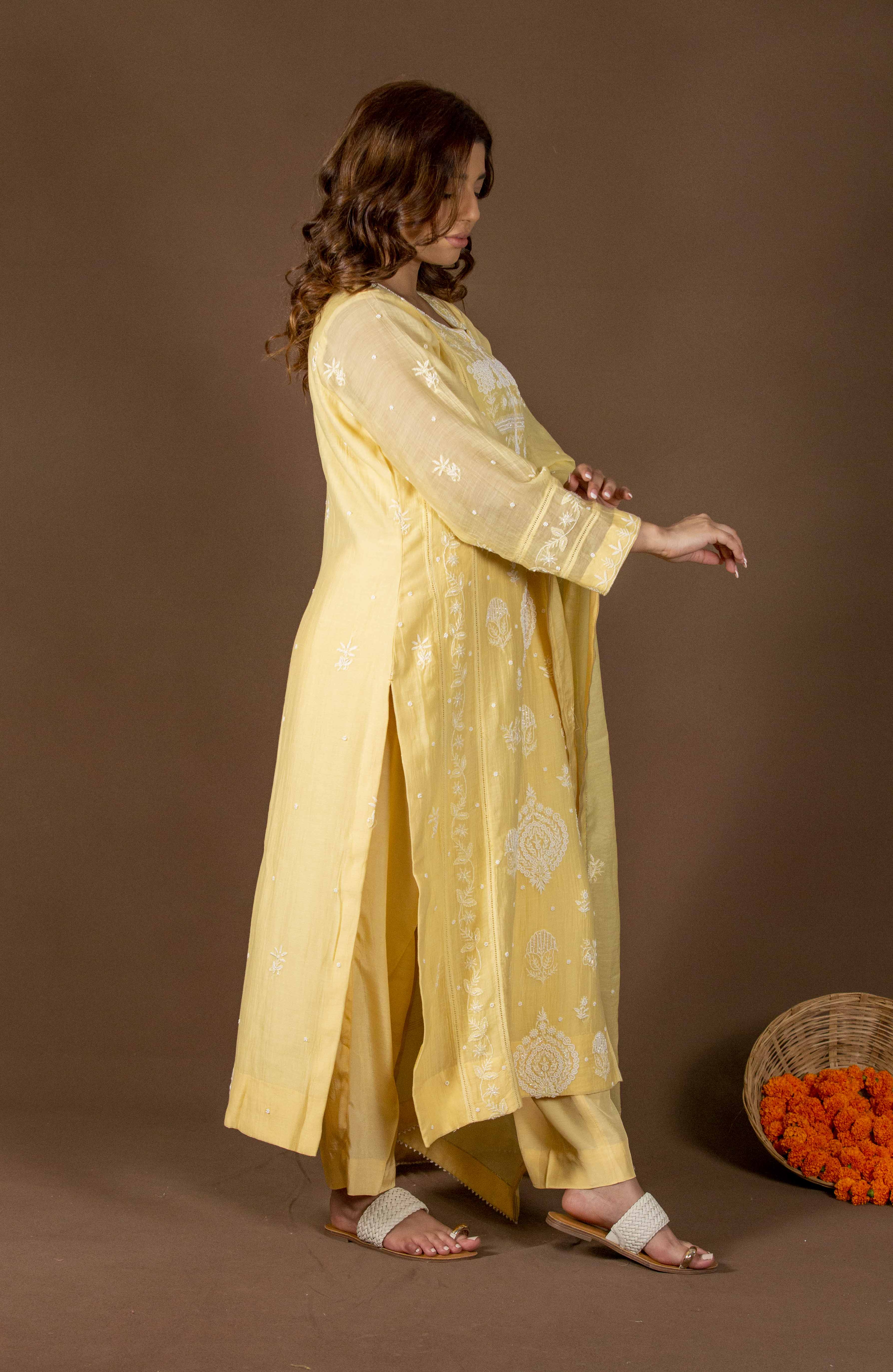 Urviya Chikankari Mul Chanderi Yellow Cutdaana Pearl Work Panel Boota Suit