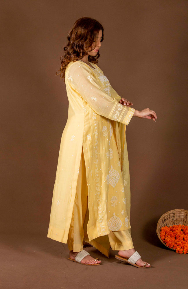 Urviya Chikankari Mul Chanderi Yellow Cutdaana Pearl Work Panel Boota Suit