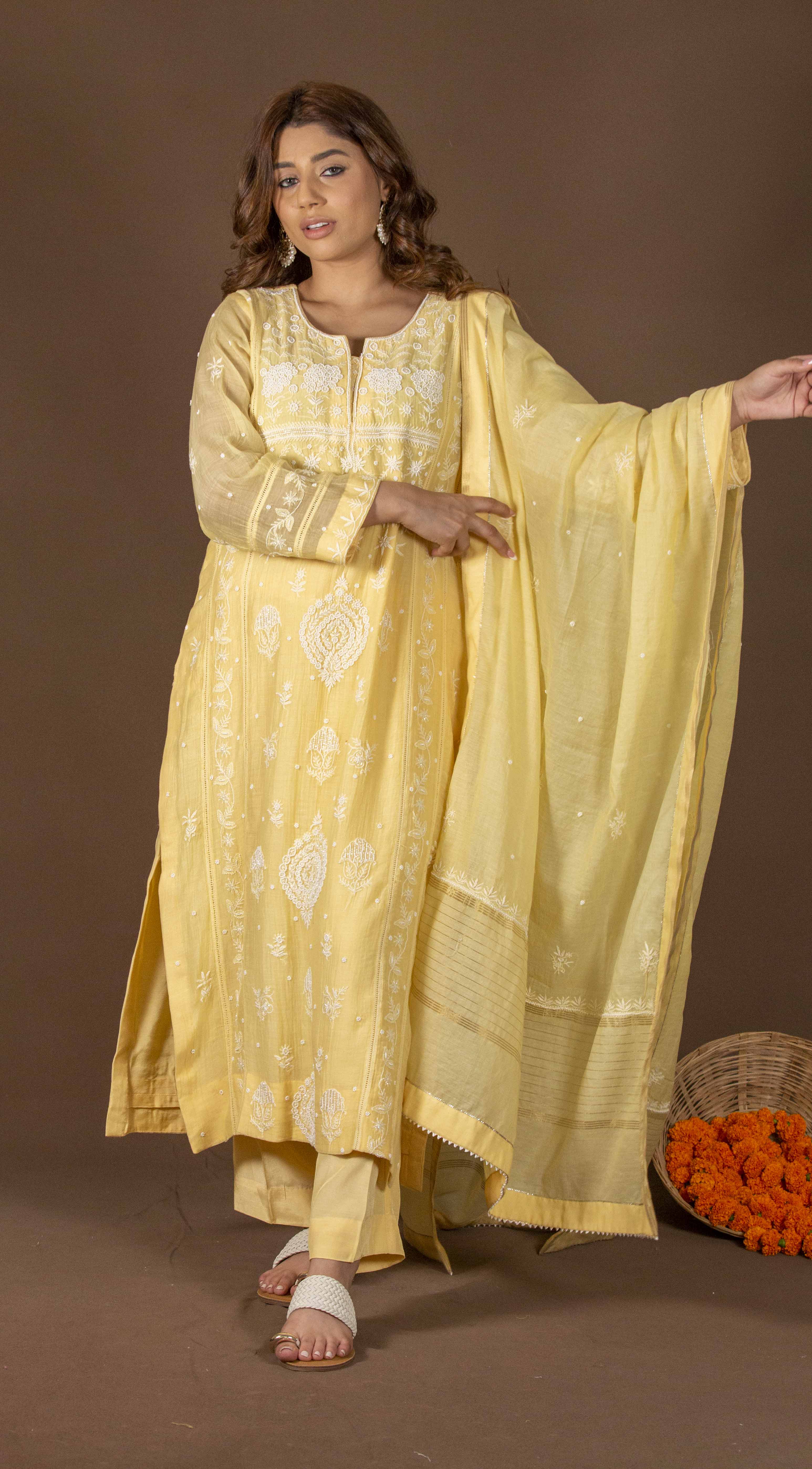 Urviya Chikankari Mul Chanderi Yellow Cutdaana Pearl Work Panel Boota Suit