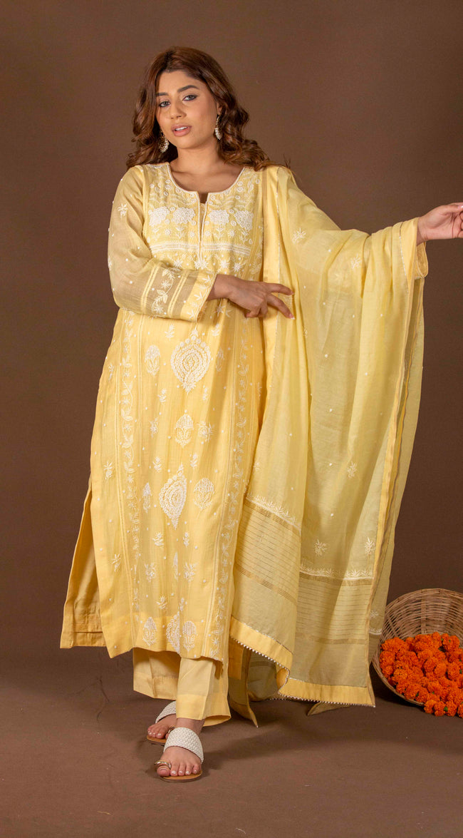 Urviya Chikankari Mul Chanderi Yellow Cutdaana Pearl Work Panel Boota Suit