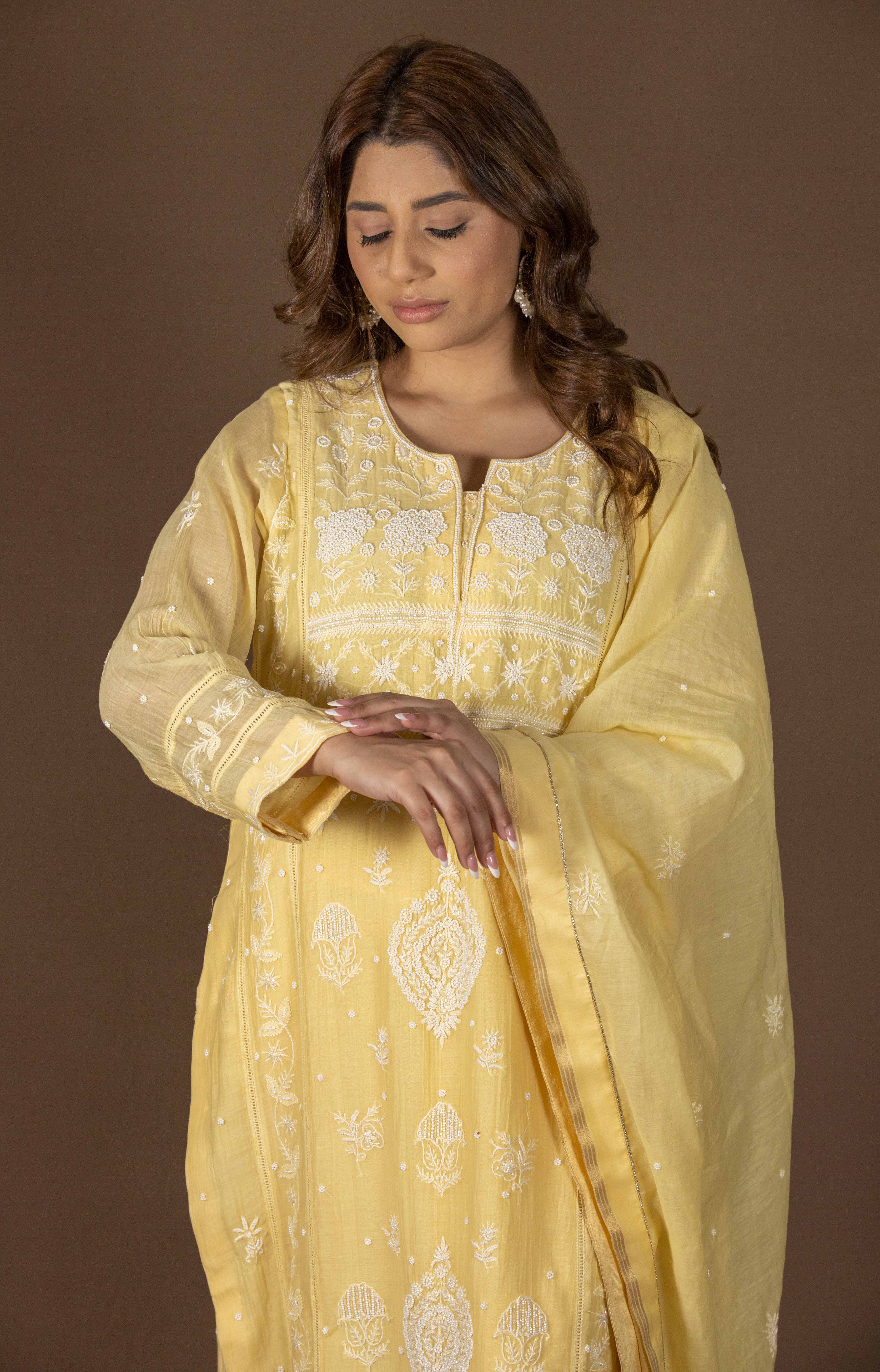 Urviya Chikankari Mul Chanderi Yellow Cutdaana Pearl Work Panel Boota Suit