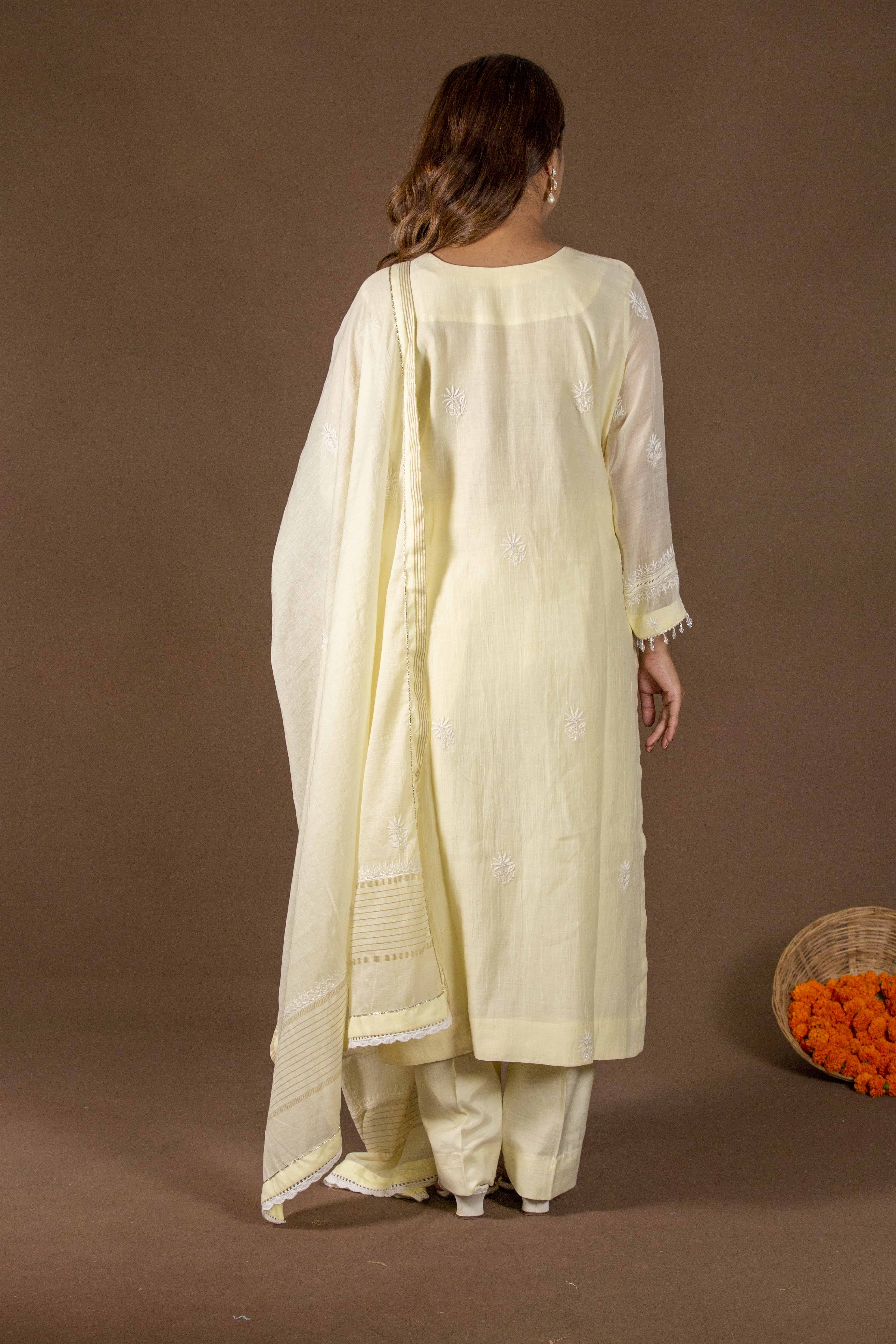 Urviya Chikankari Mul Chanderi Lemon Yellow Pearl and Cutdaana Work Panel Suit