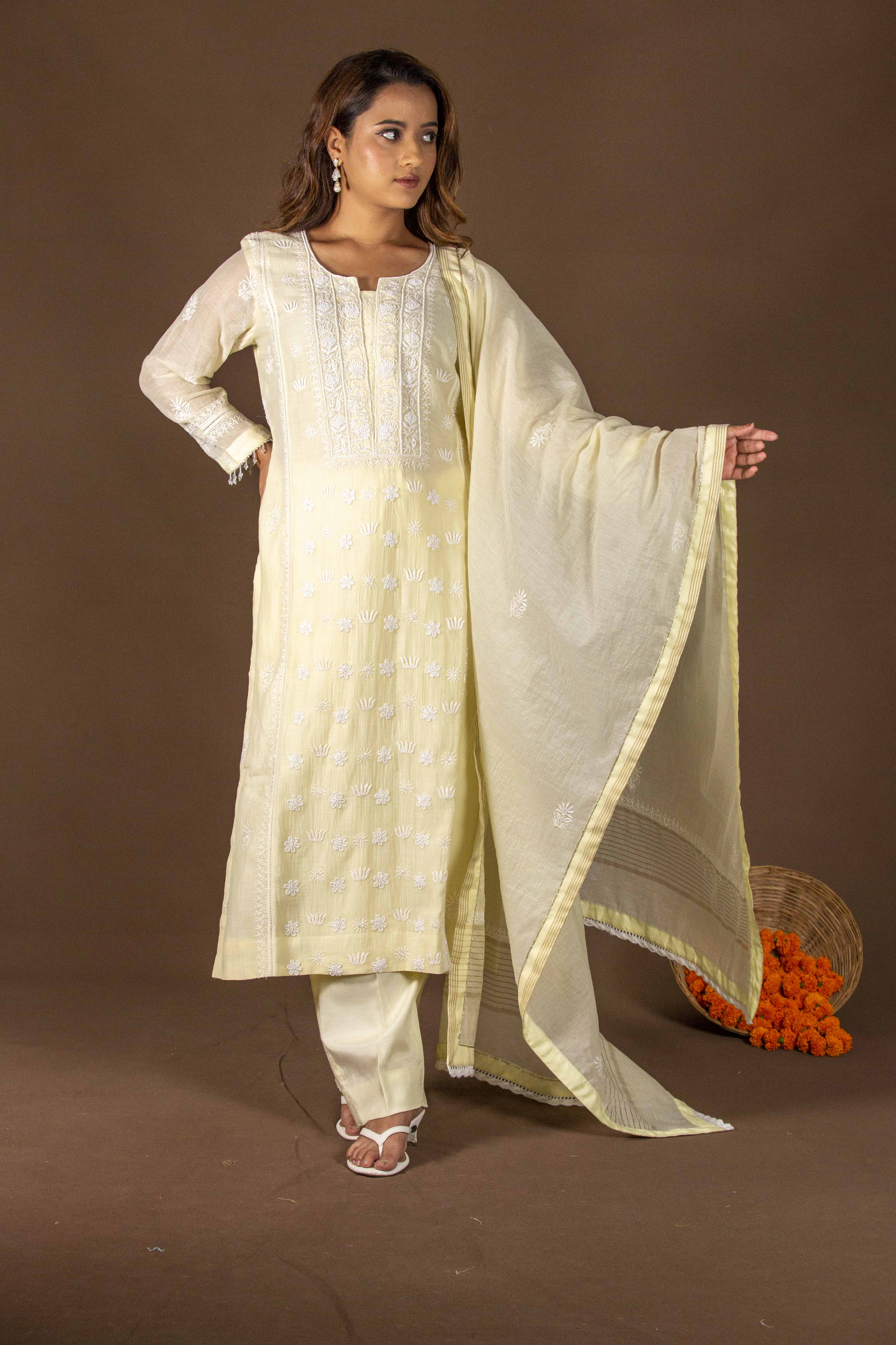 Urviya Chikankari Mul Chanderi Lemon Yellow Pearl and Cutdaana Work Panel Suit