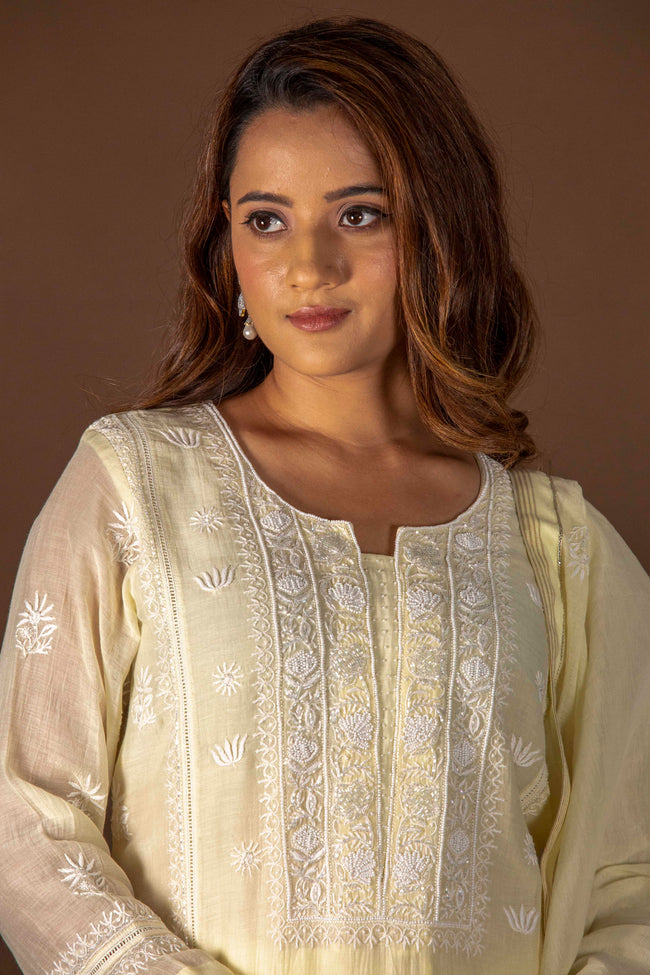 Urviya Chikankari Mul Chanderi Lemon Yellow Pearl and Cutdaana Work Panel Suit