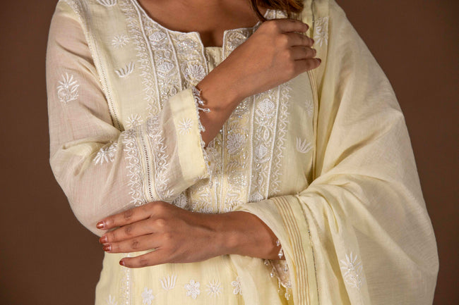 Urviya Chikankari Mul Chanderi Lemon Yellow Pearl and Cutdaana Work Panel Suit