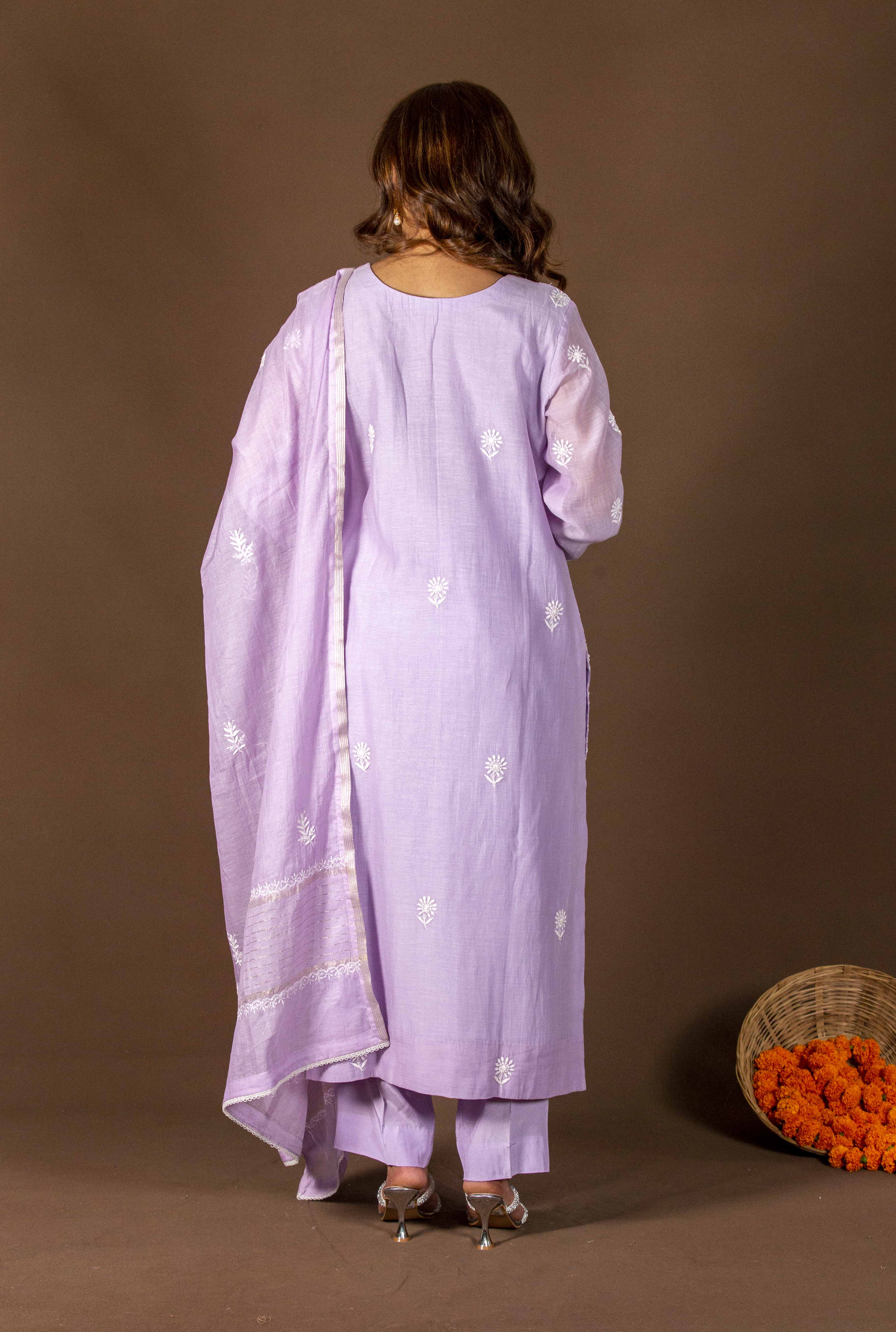 Urviya Chikankari Mul Chanderi Purple Panel Cutdaana Peal Work Suit