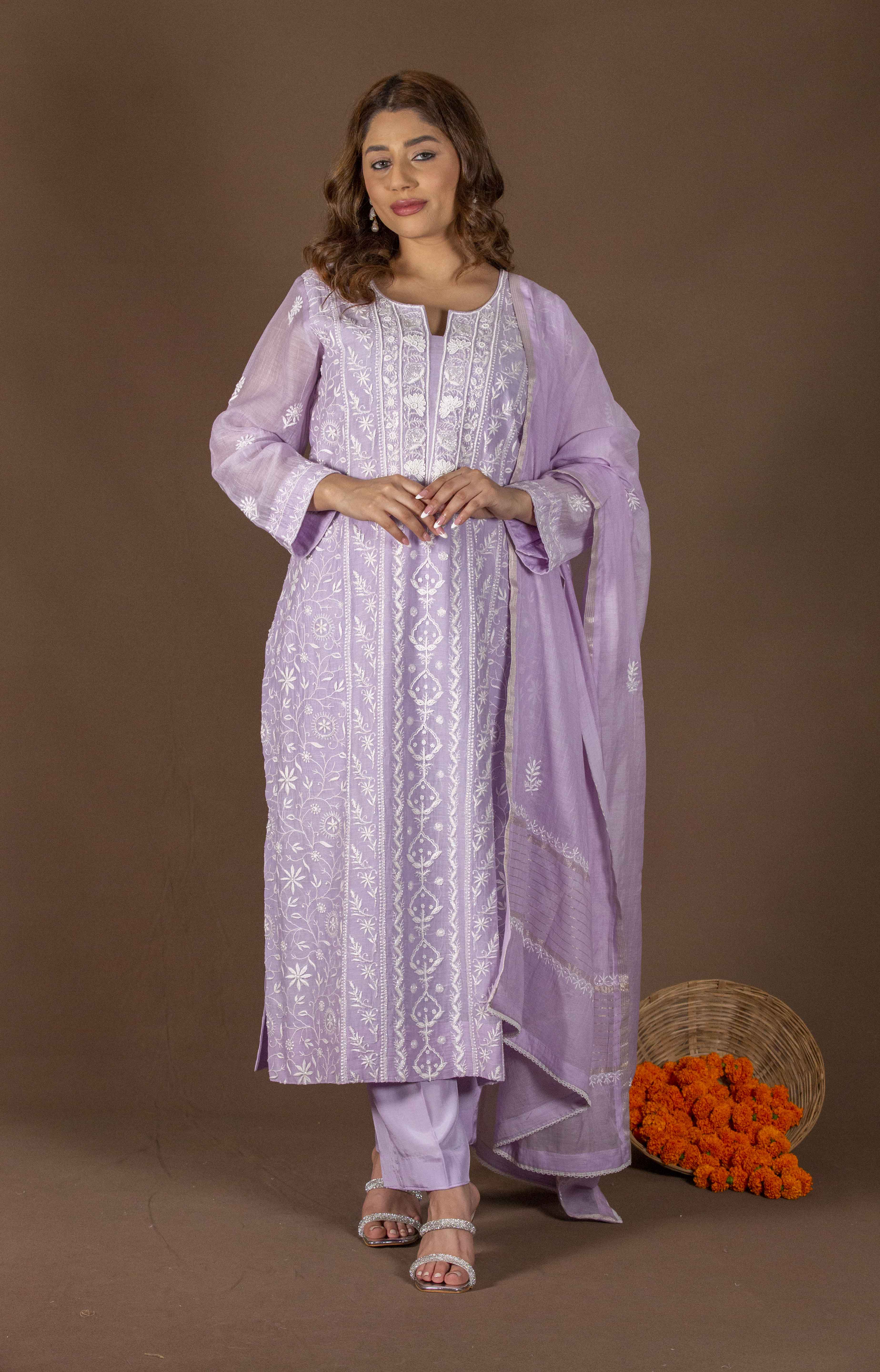 Urviya Chikankari Mul Chanderi Purple Panel Cutdaana Peal Work Suit
