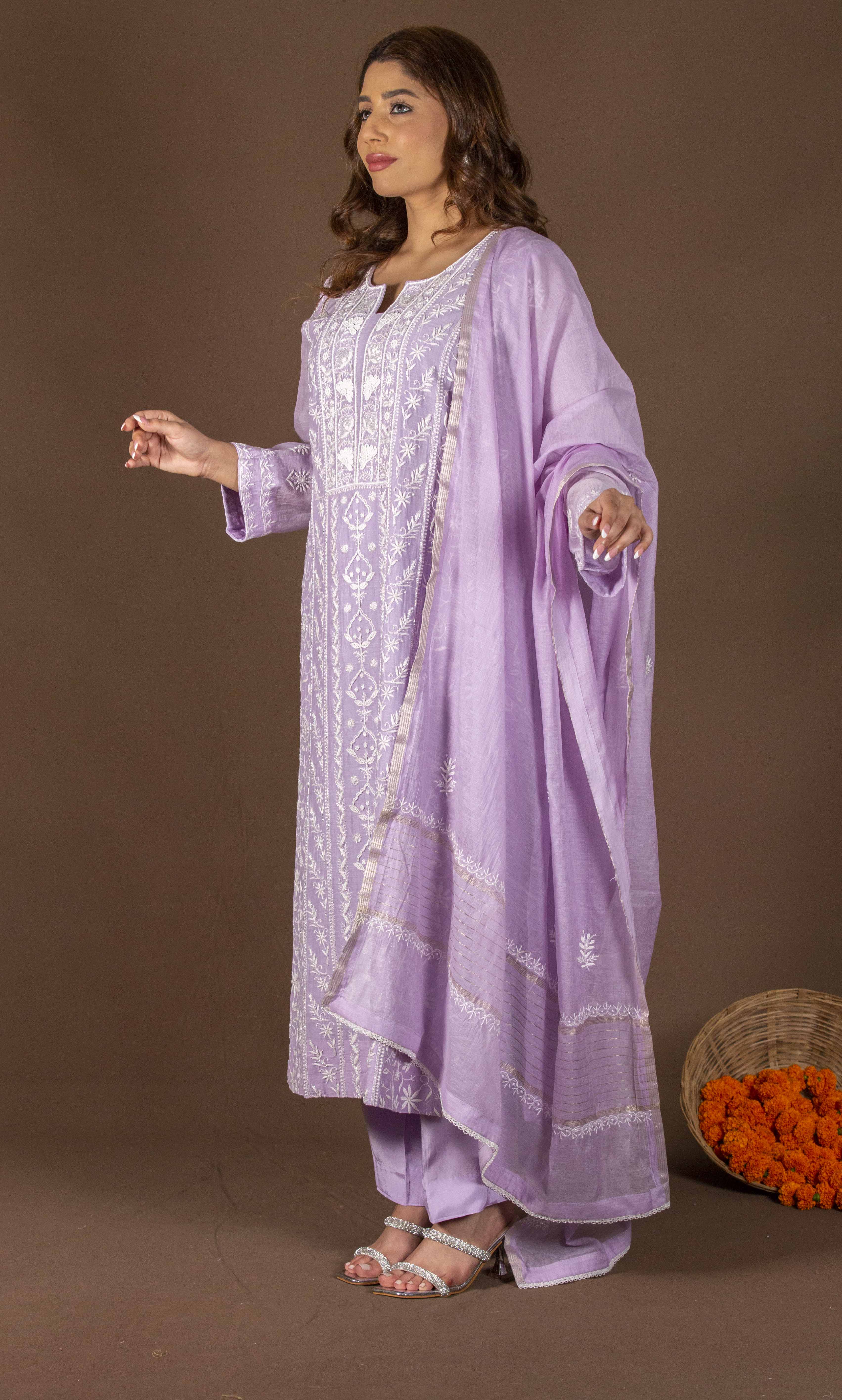 Urviya Chikankari Mul Chanderi Purple Panel Cutdaana Peal Work Suit