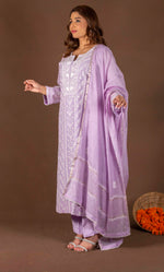 Urviya Chikankari Mul Chanderi Purple Panel Cutdaana Peal Work Suit