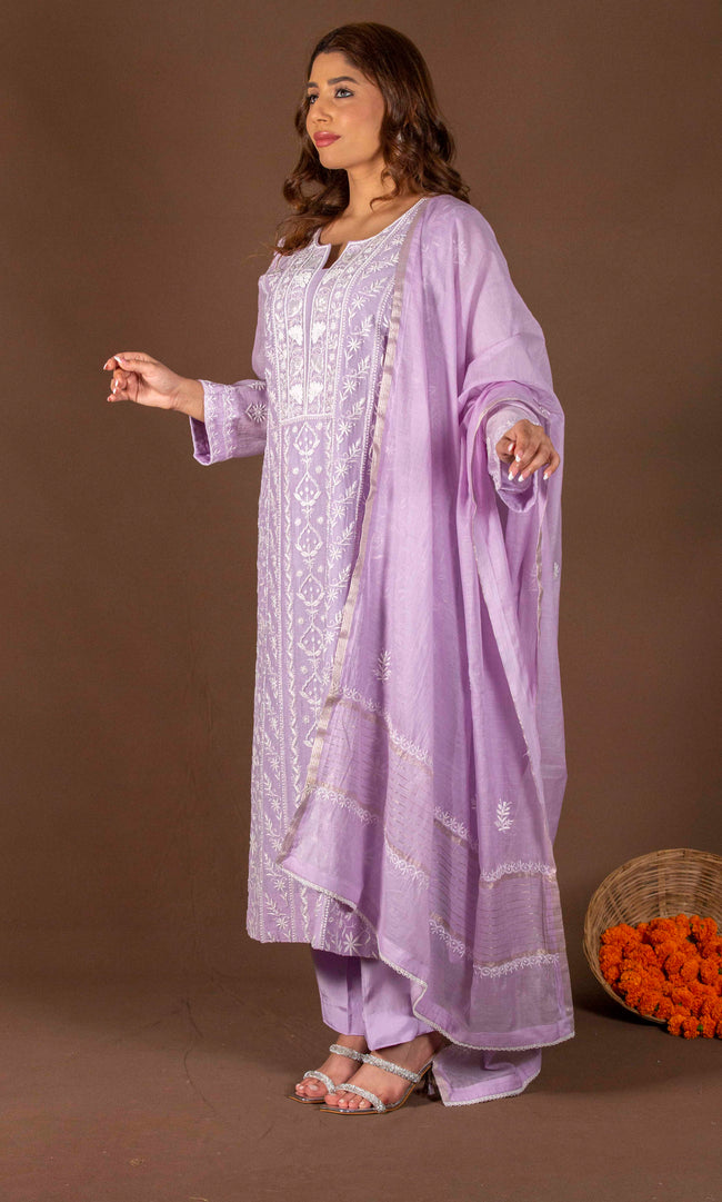 Urviya Chikankari Mul Chanderi Purple Panel Cutdaana Peal Work Suit