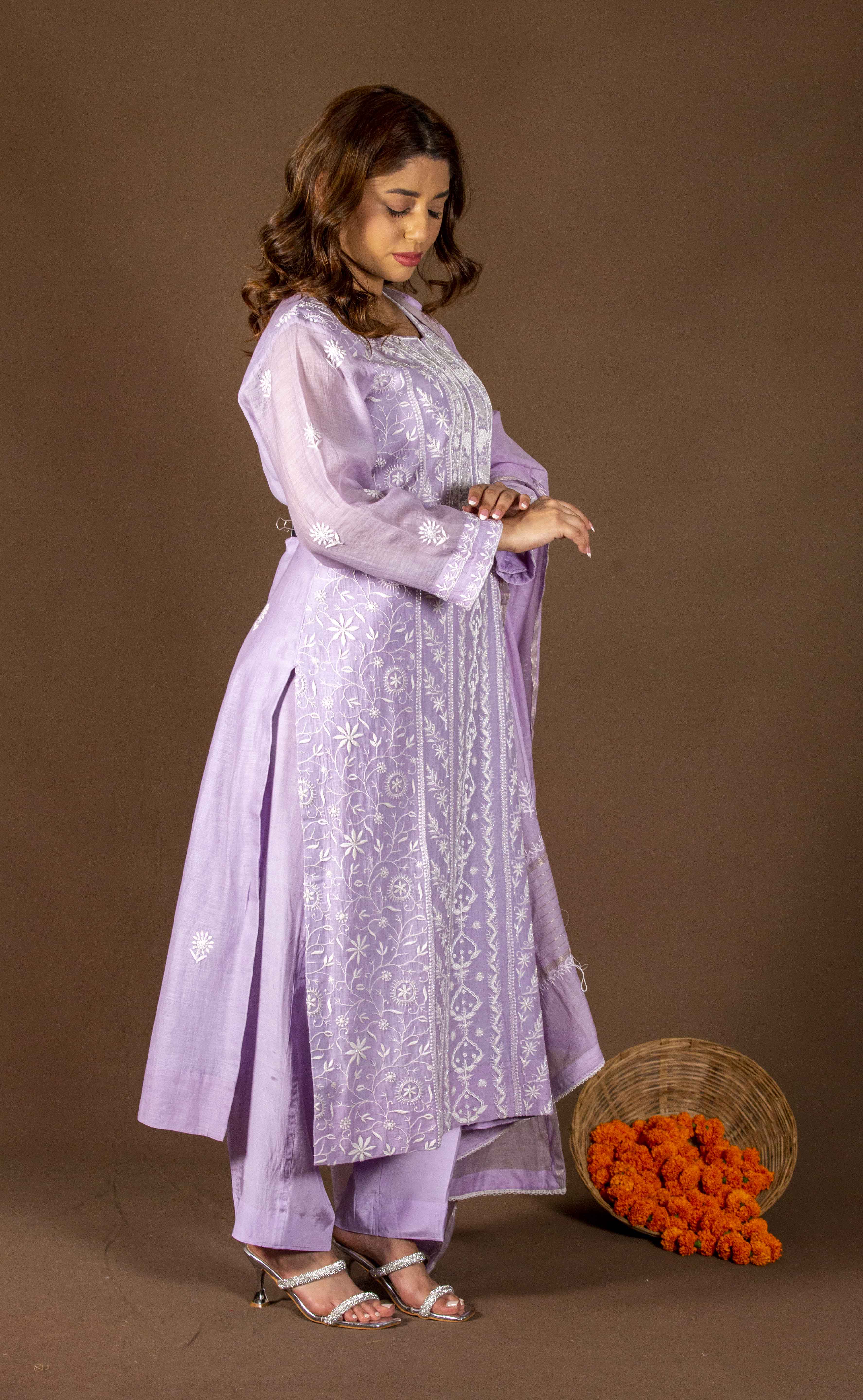 Urviya Chikankari Mul Chanderi Purple Panel Cutdaana Peal Work Suit