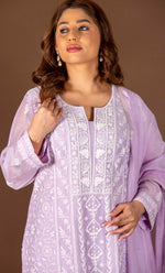 Urviya Chikankari Mul Chanderi Purple Panel Cutdaana Peal Work Suit