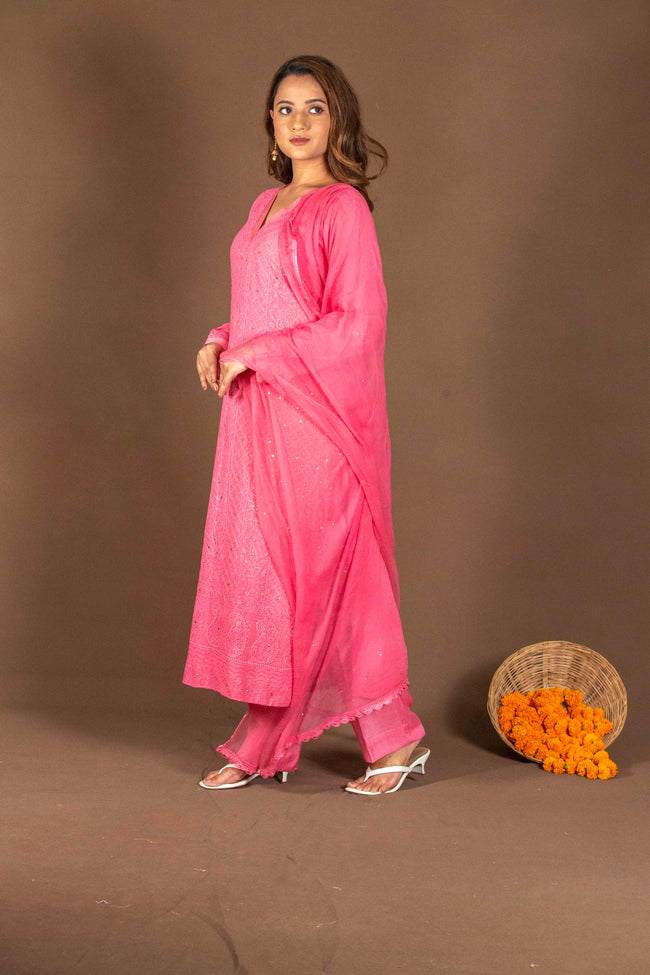 Urviya Chikankari Viscose Georgette Mukaish Full Jaal Suit Pink Suit