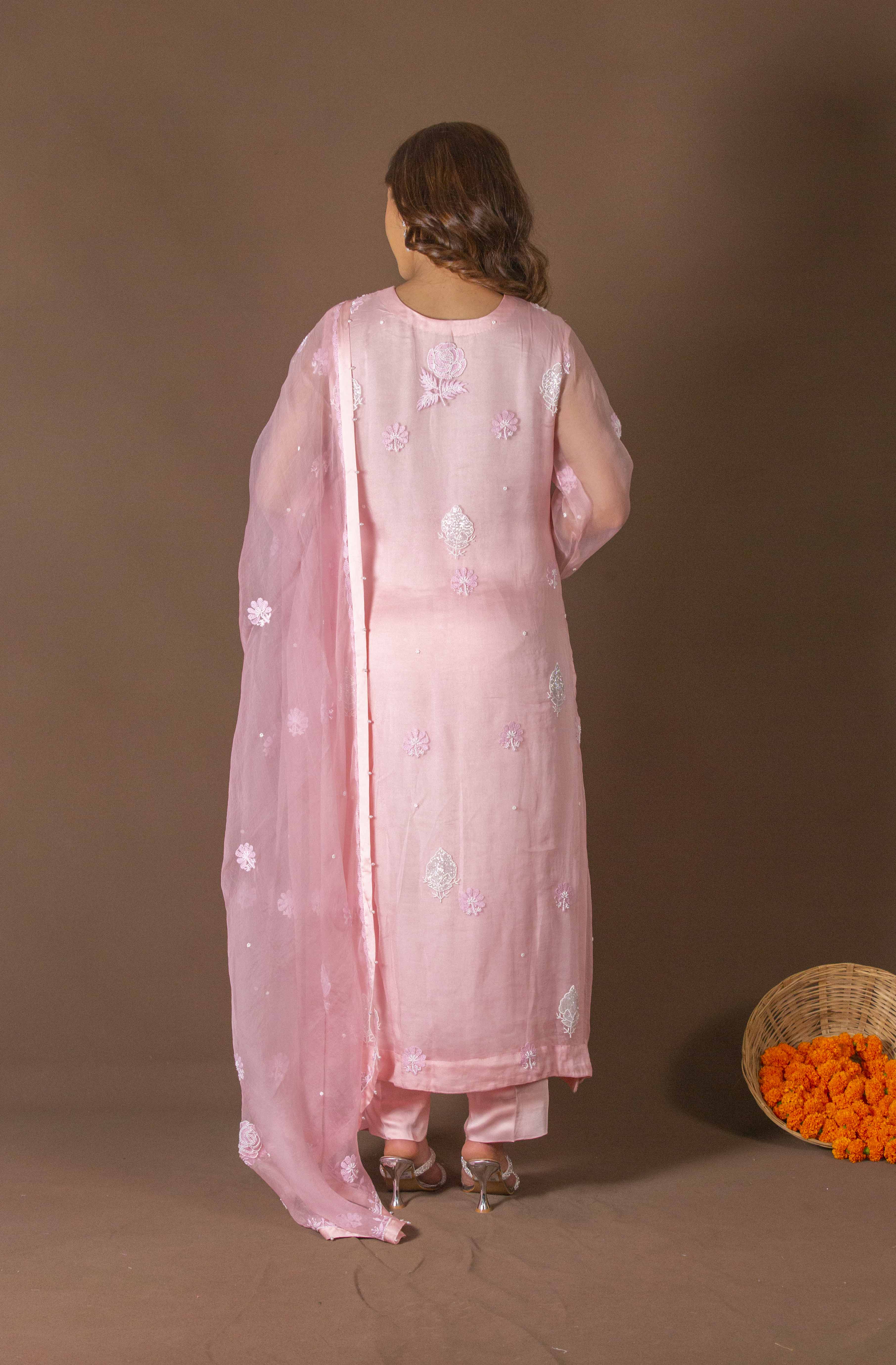 Urviya Chikankari Organza Pink Pearl Work Sequence Galla Boota Suit