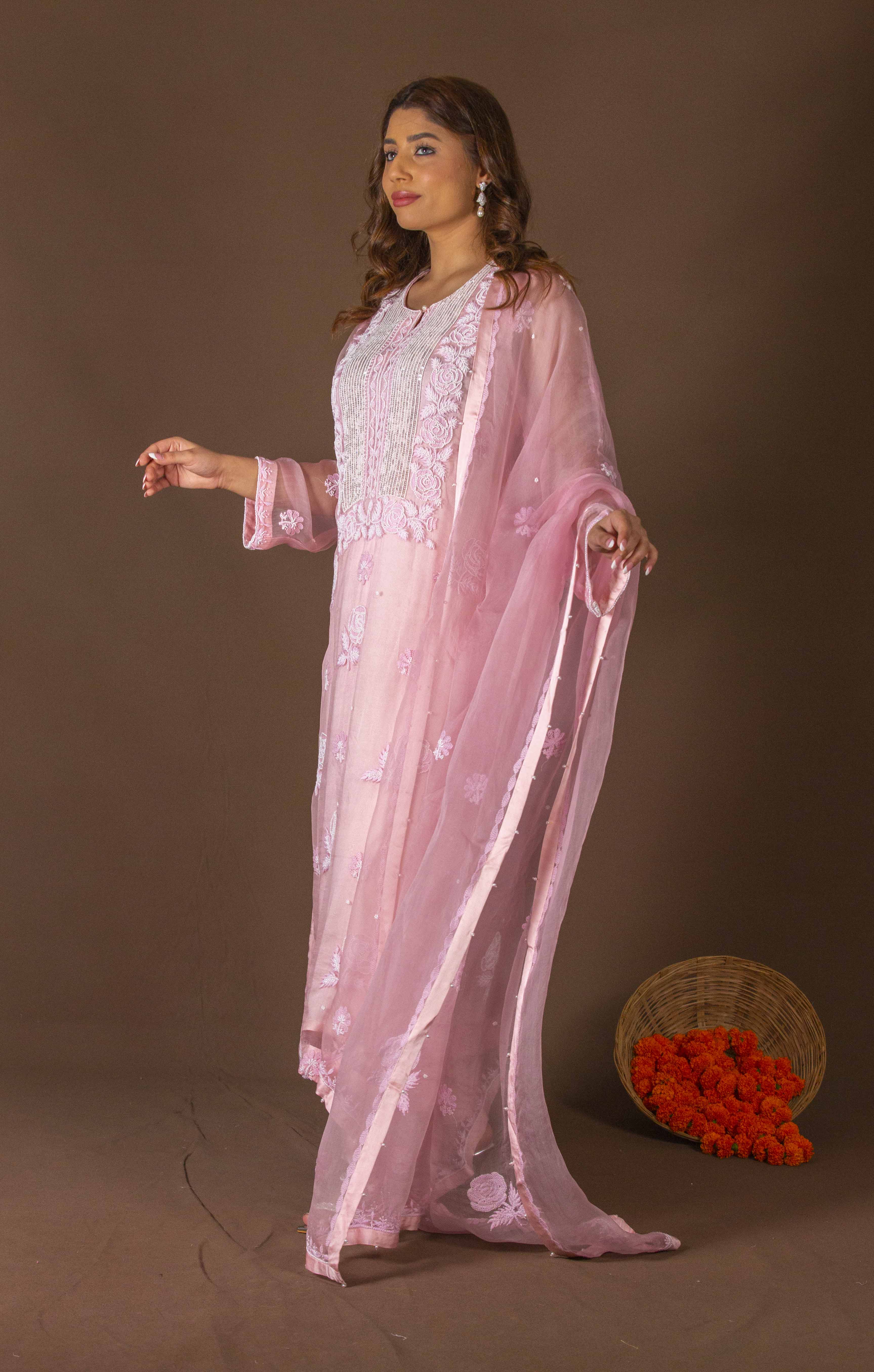 Urviya Chikankari Organza Pink Pearl Work Sequence Galla Boota Suit