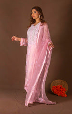 Urviya Chikankari Organza Pink Pearl Work Sequence Galla Boota Suit