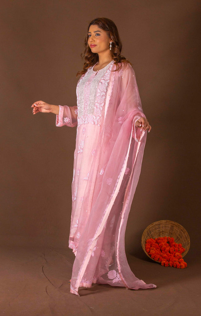 Urviya Chikankari Organza Pink Pearl Work Sequence Galla Boota Suit