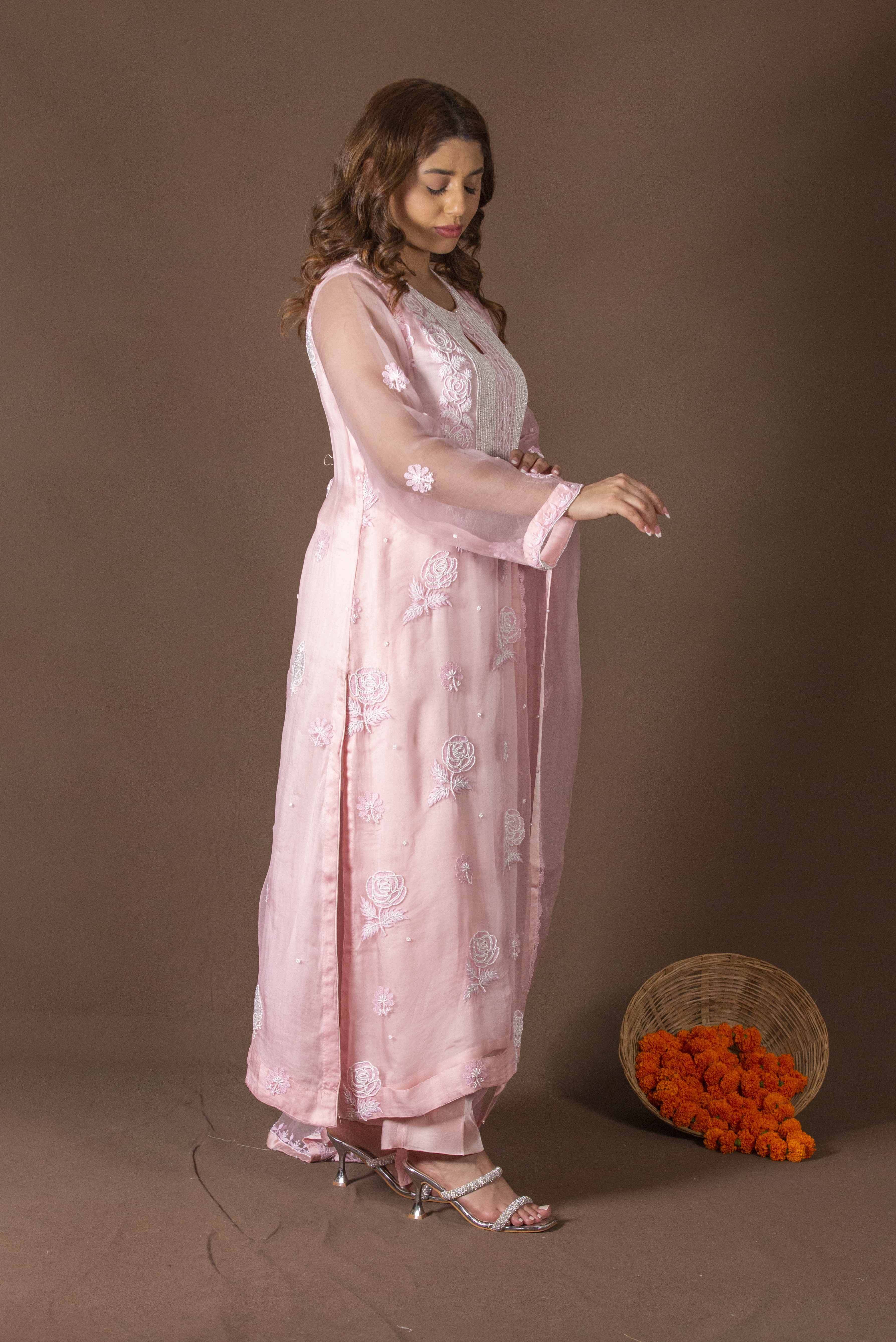 Urviya Chikankari Organza Pink Pearl Work Sequence Galla Boota Suit