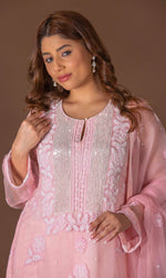 Urviya Chikankari Organza Pink Pearl Work Sequence Galla Boota Suit