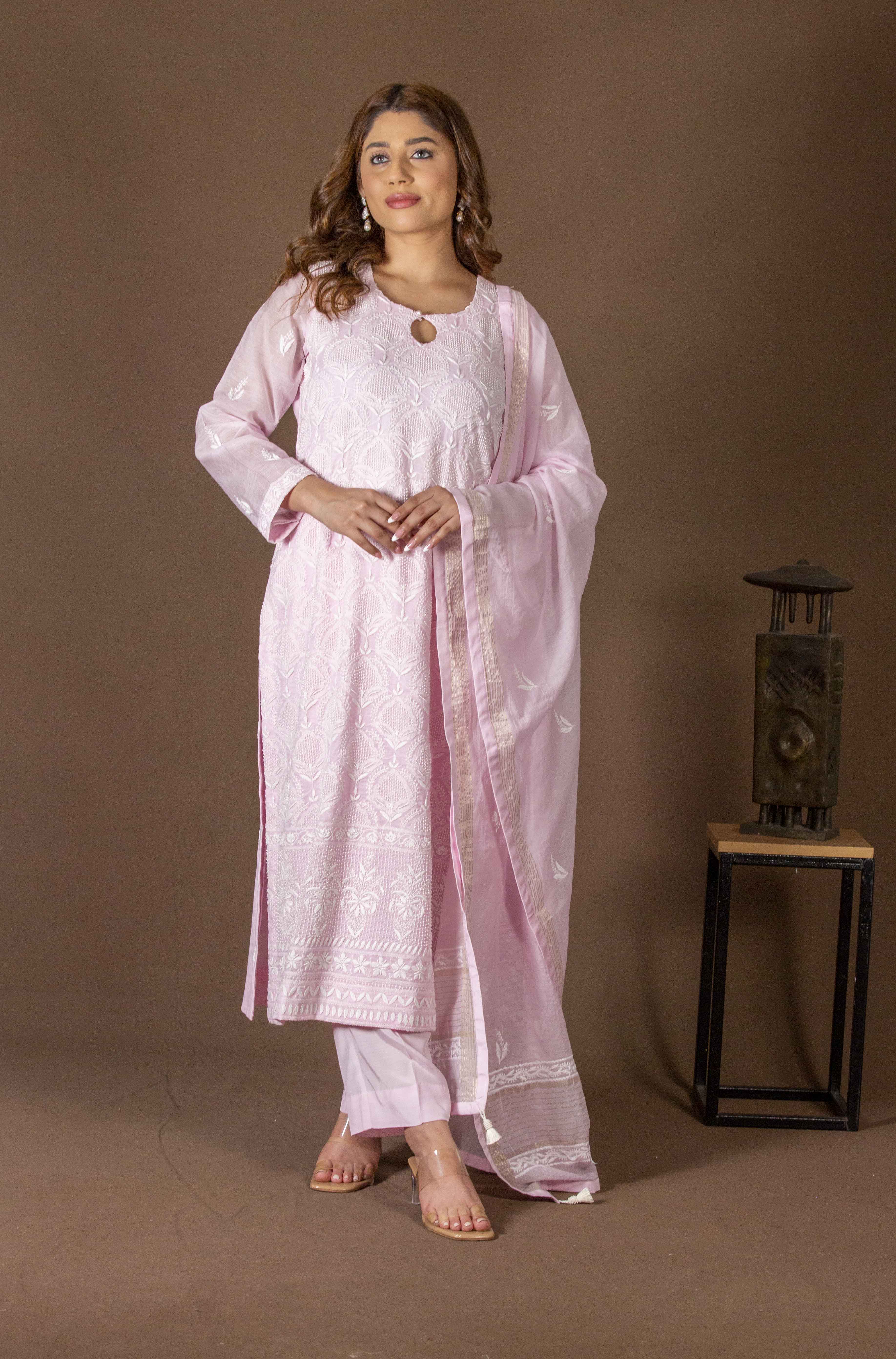 Urviya Chikankari Mul Chanderi Pink Pearl Work Full Jaal Suit