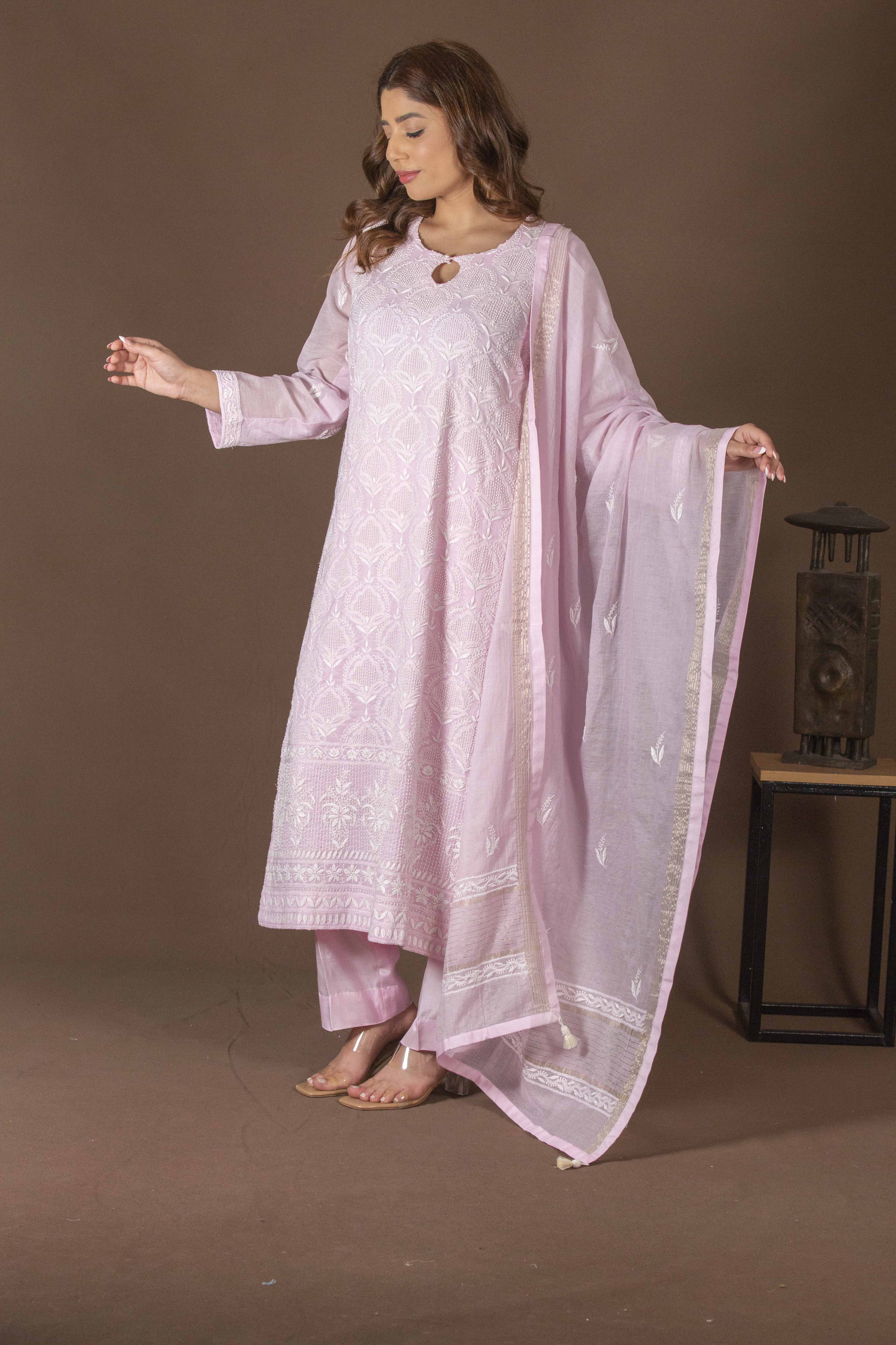 Urviya Chikankari Mul Chanderi Pink Pearl Work Full Jaal Suit