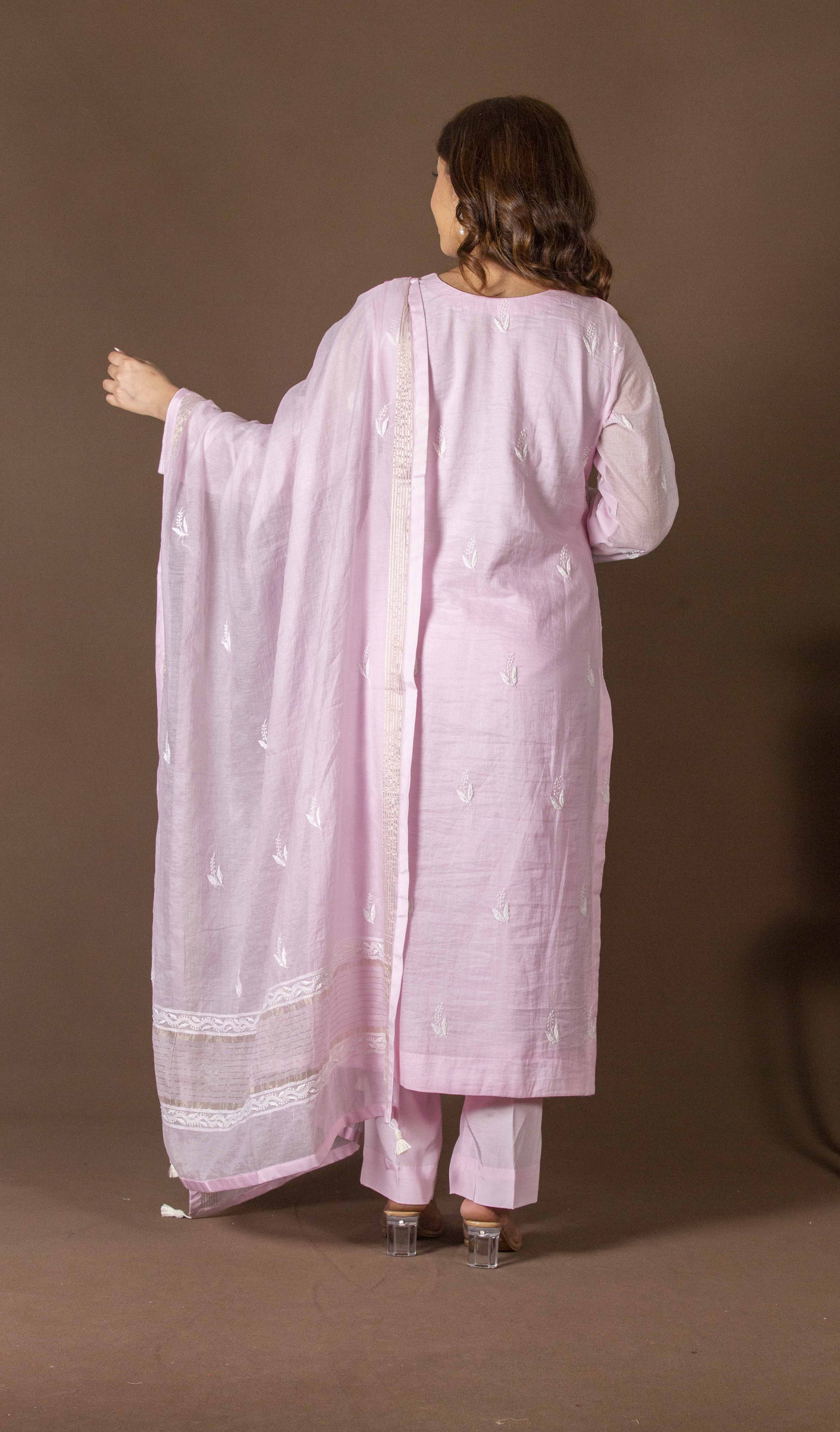 Urviya Chikankari Mul Chanderi Pink Pearl Work Full Jaal Suit