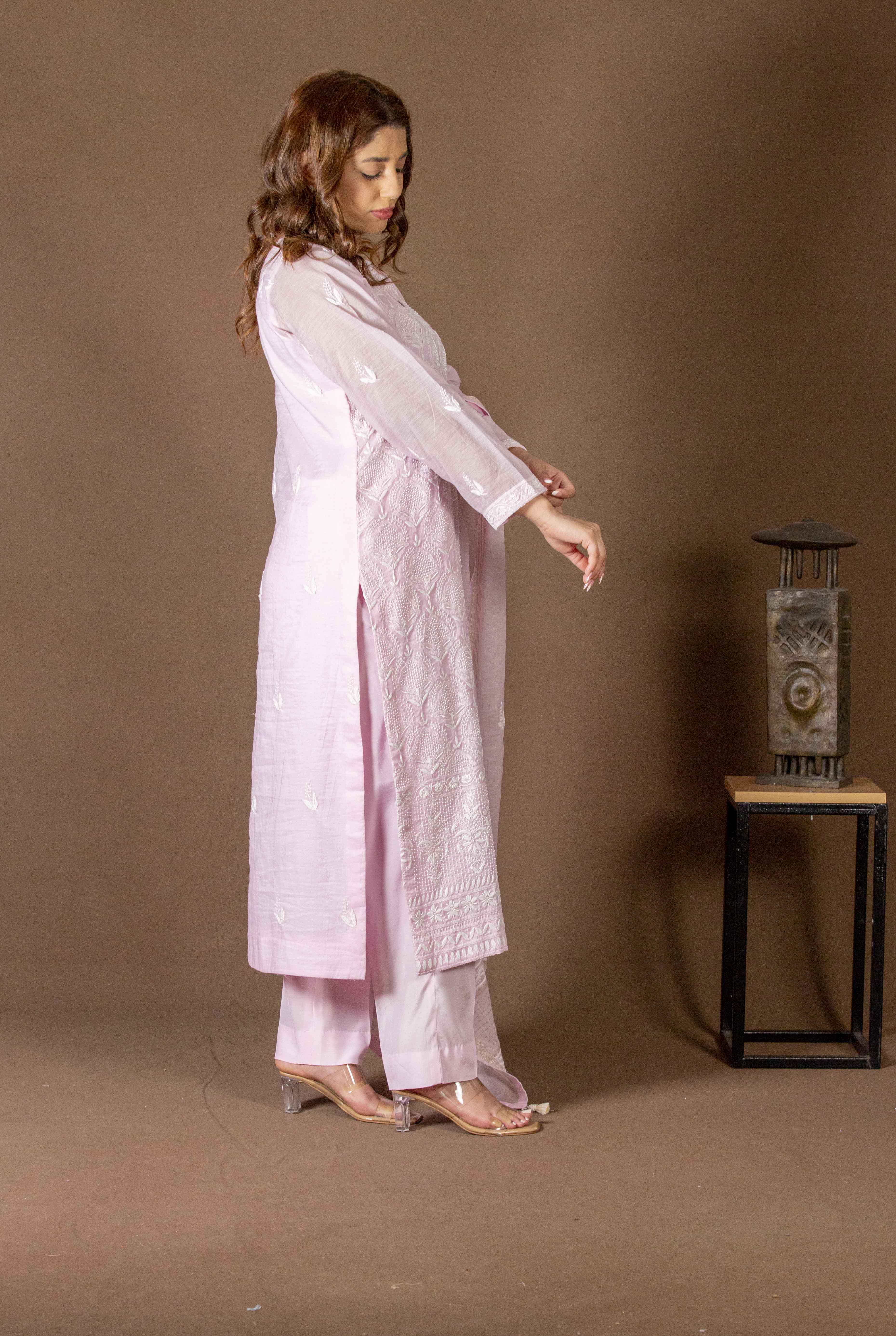 Urviya Chikankari Mul Chanderi Pink Pearl Work Full Jaal Suit