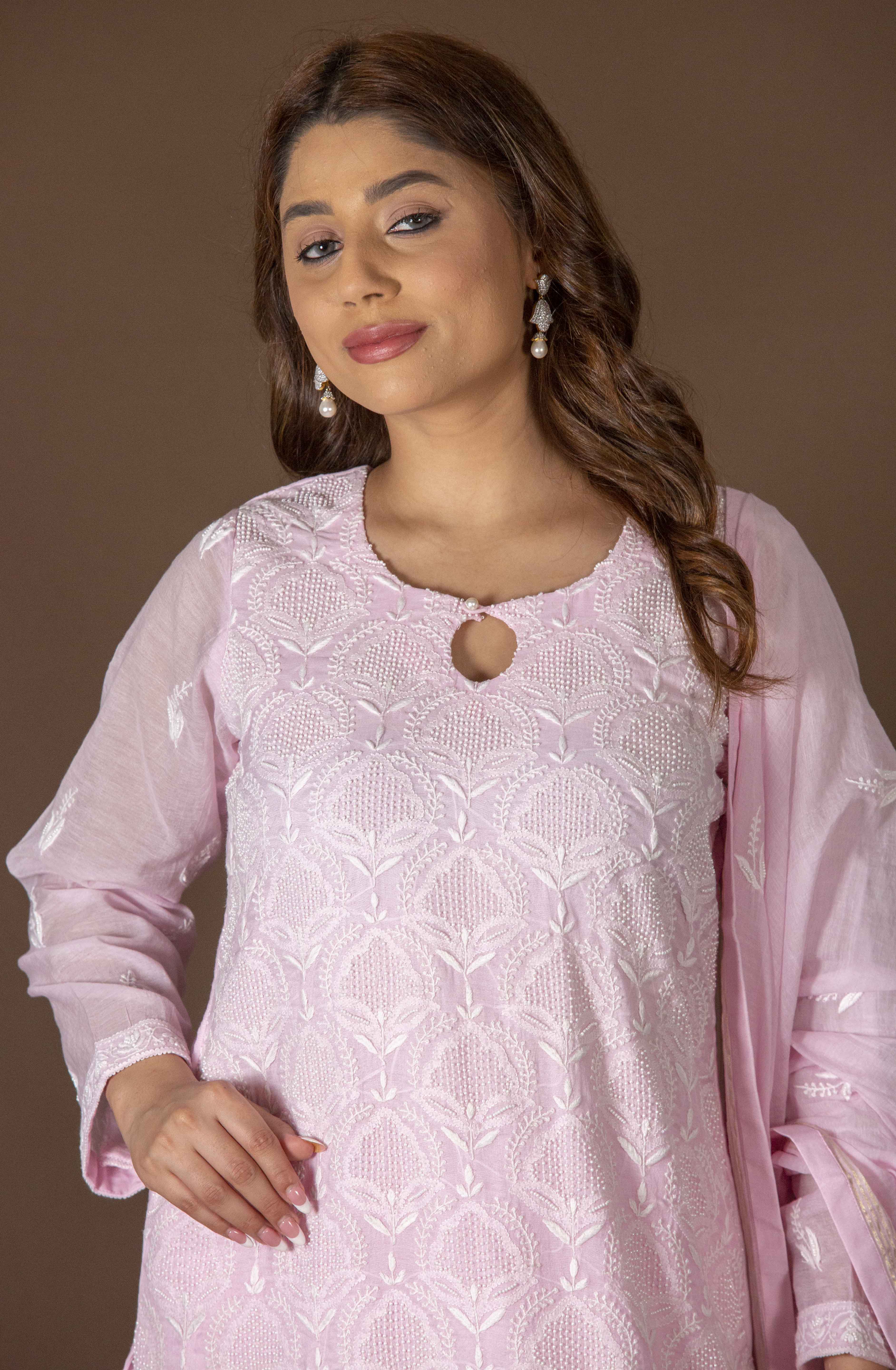 Urviya Chikankari Mul Chanderi Pink Pearl Work Full Jaal Suit
