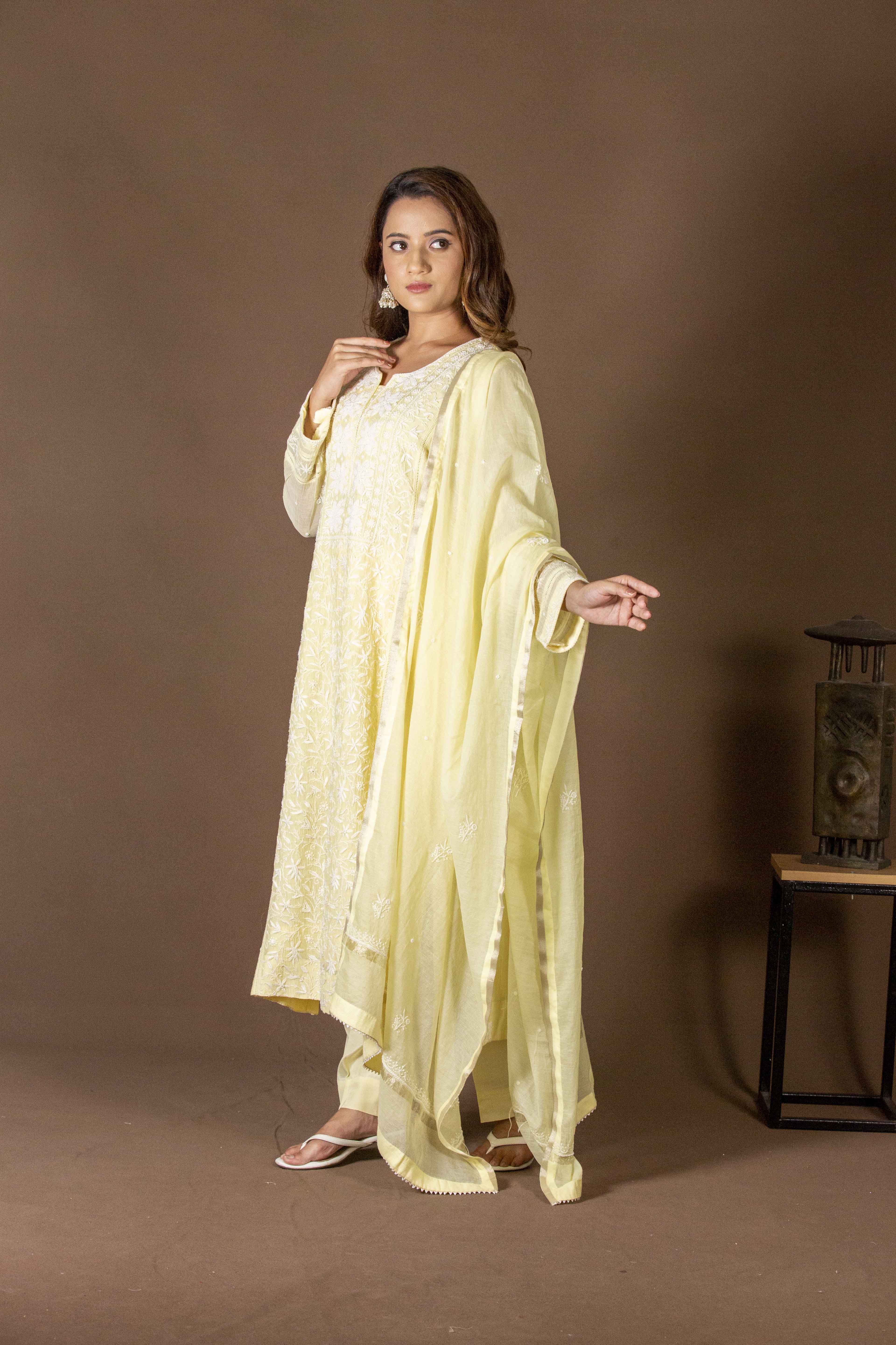 Urviya Chikankari Mul Chanderi Yellow Panel Pearl Work Suit