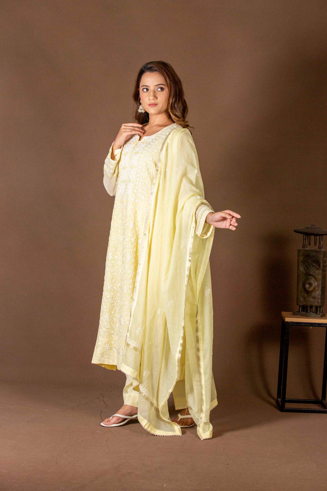 Urviya Chikankari Mul Chanderi Yellow Panel Pearl Work Suit