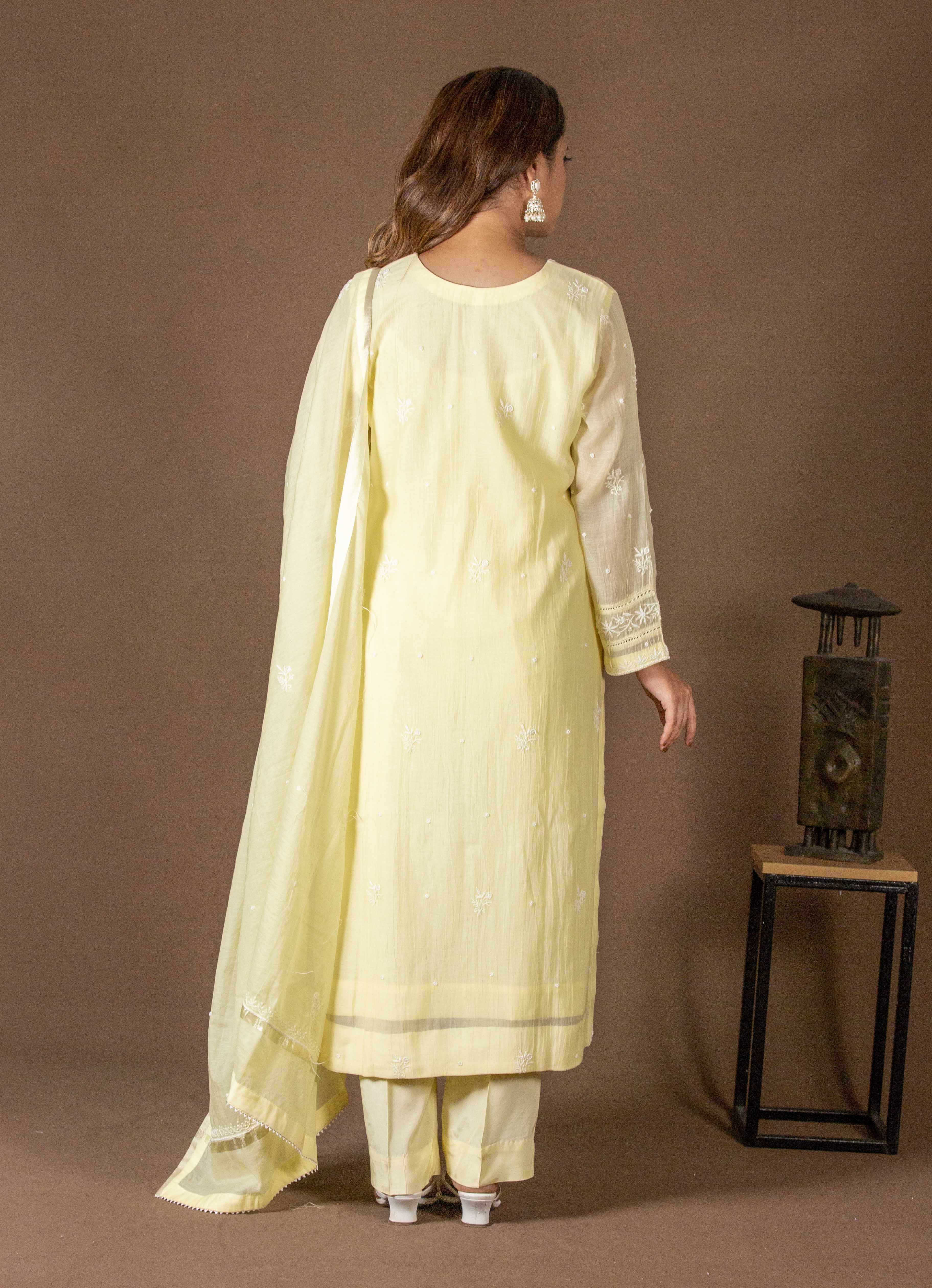 Urviya Chikankari Mul Chanderi Yellow Panel Pearl Work Suit