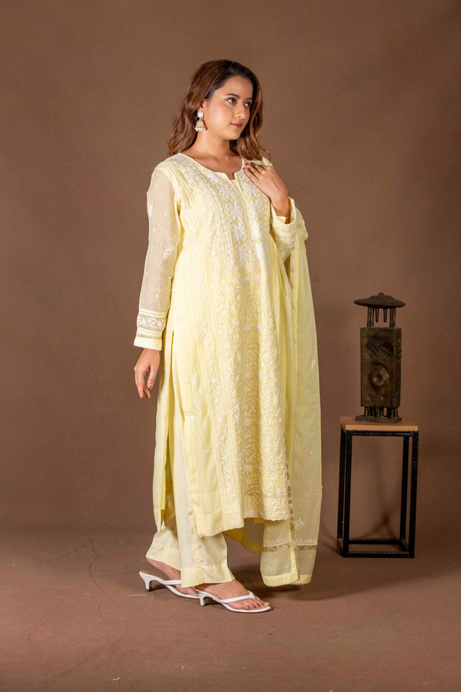 Urviya Chikankari Mul Chanderi Yellow Panel Pearl Work Suit
