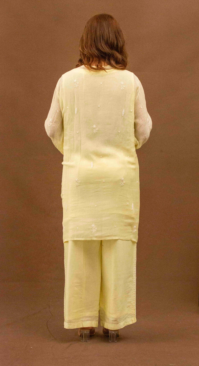 Urviya Chikankari Mul Chanderi Yellow Cutdaana Pearl Work Coord Set