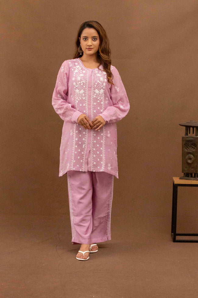 Urviya Chikankari Mul Chanderi Pearl Work Purple Coord Set