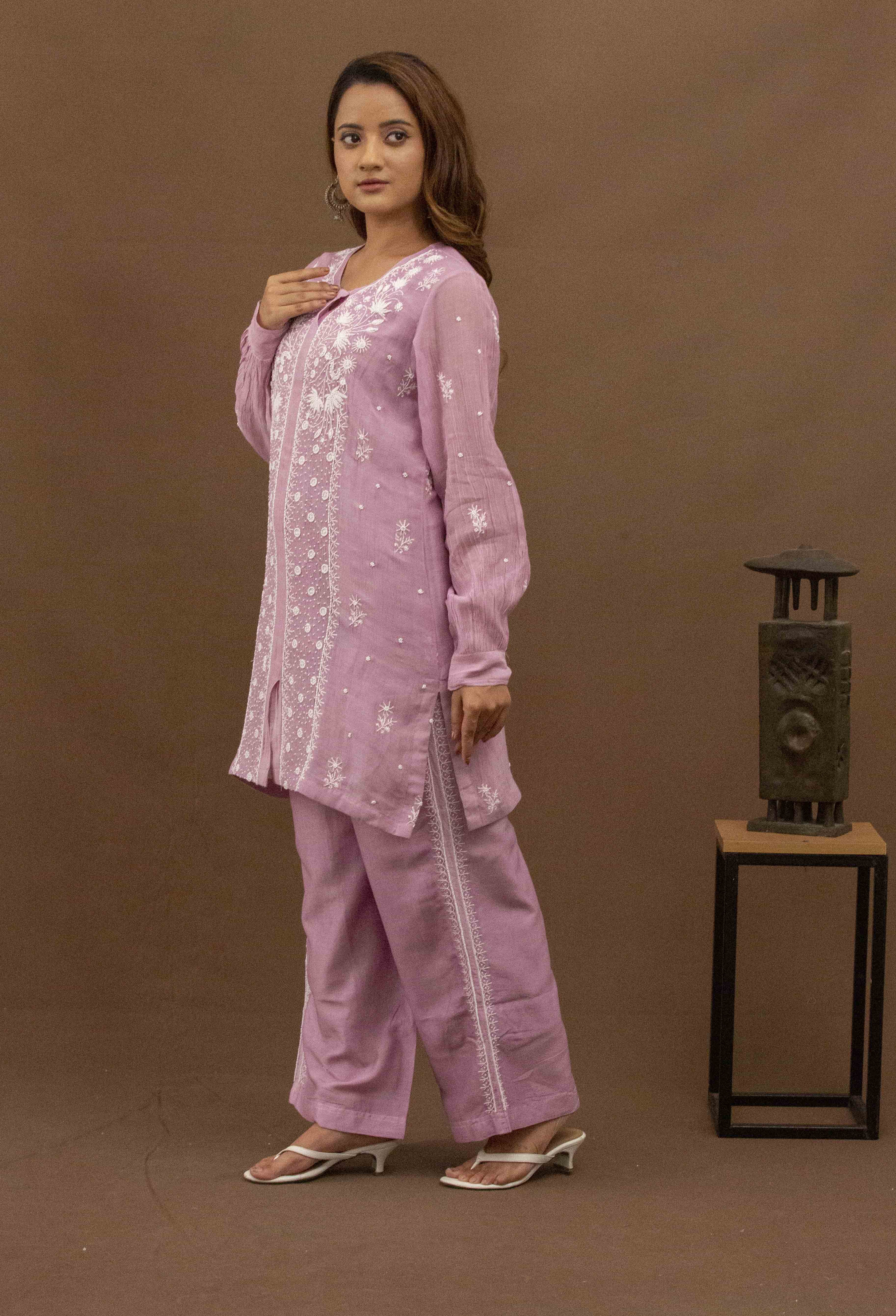 Urviya Chikankari Mul Chanderi Pearl Work Purple Coord Set